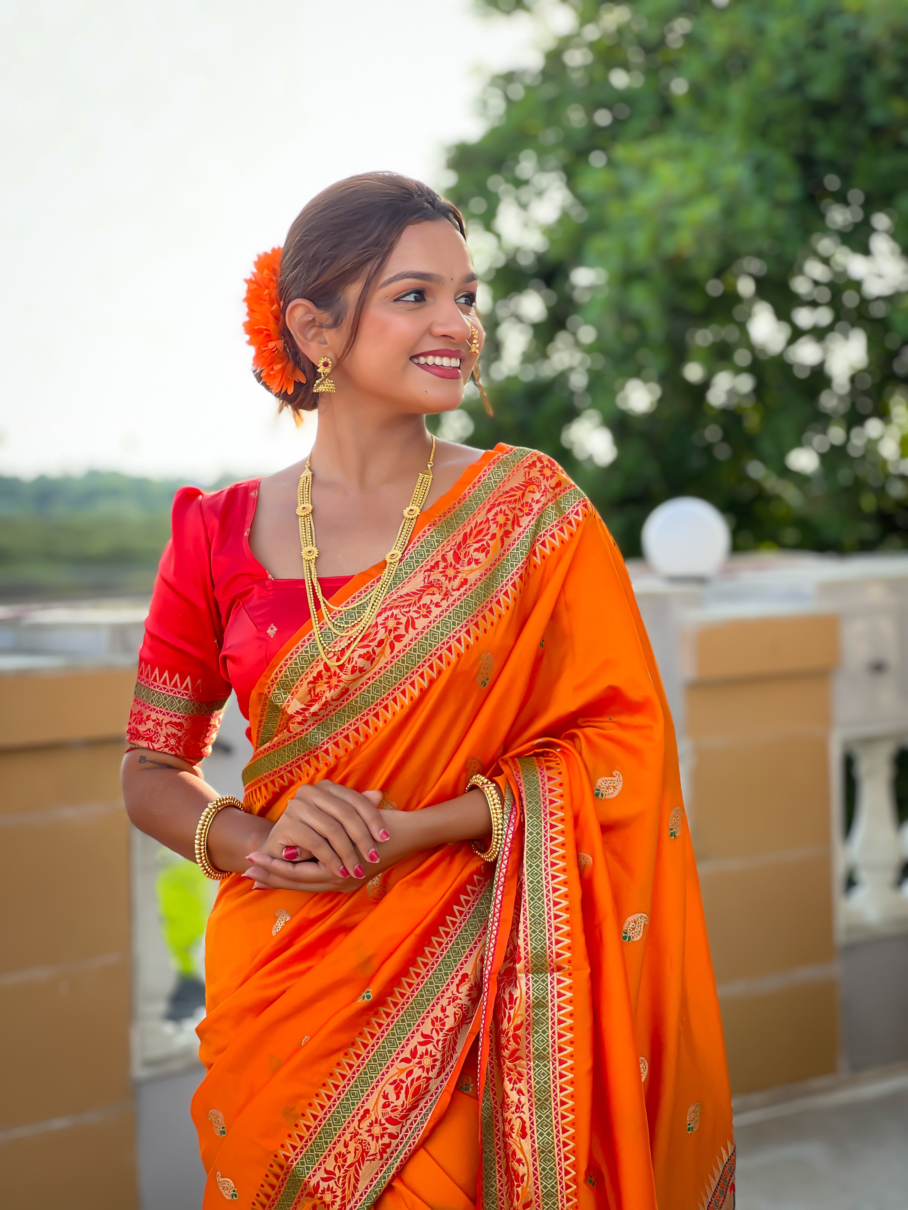 Orange Wedding Wear Soft Paithani Silk Saree