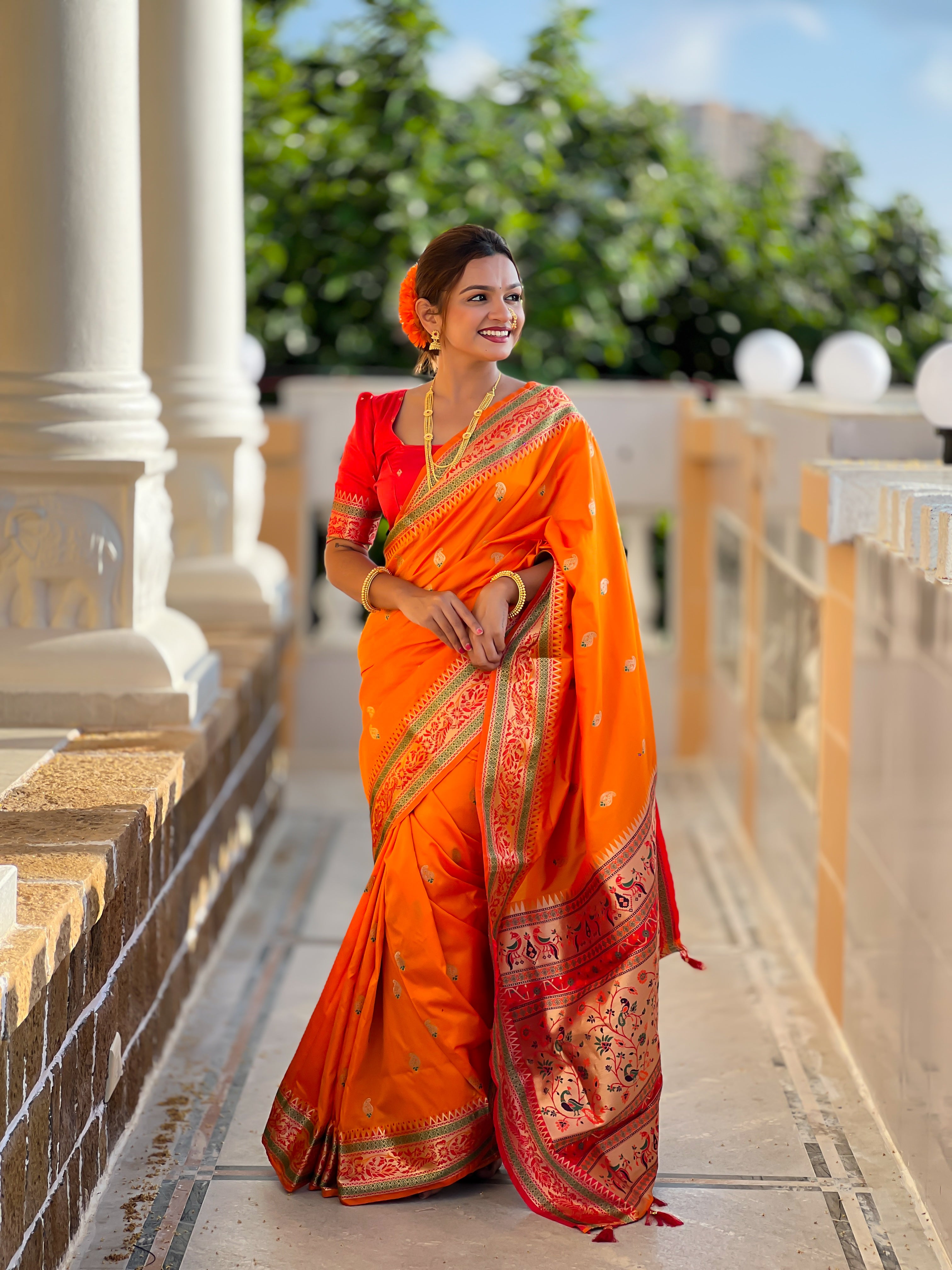 Orange Wedding Wear Soft Paithani Silk Saree