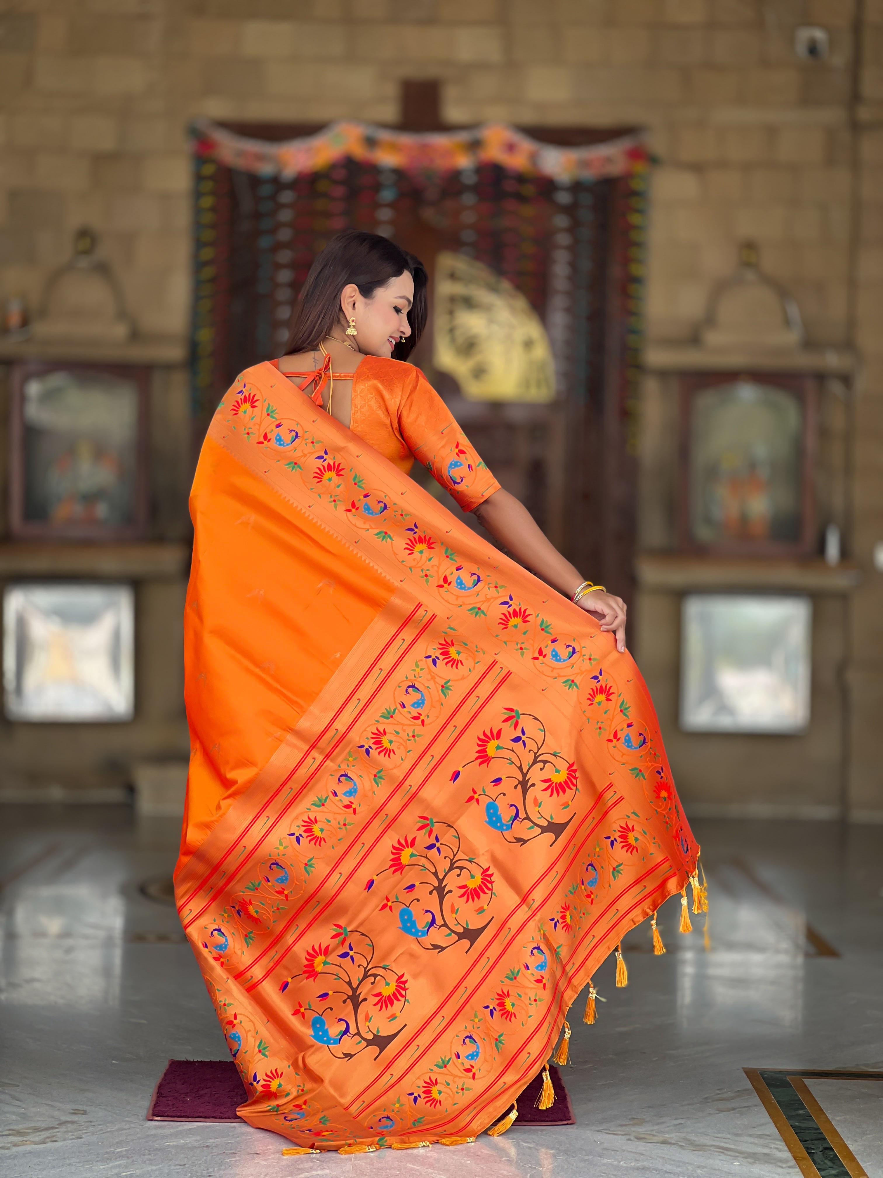 Orange Wedding Wear Soft Paithani Silk Saree