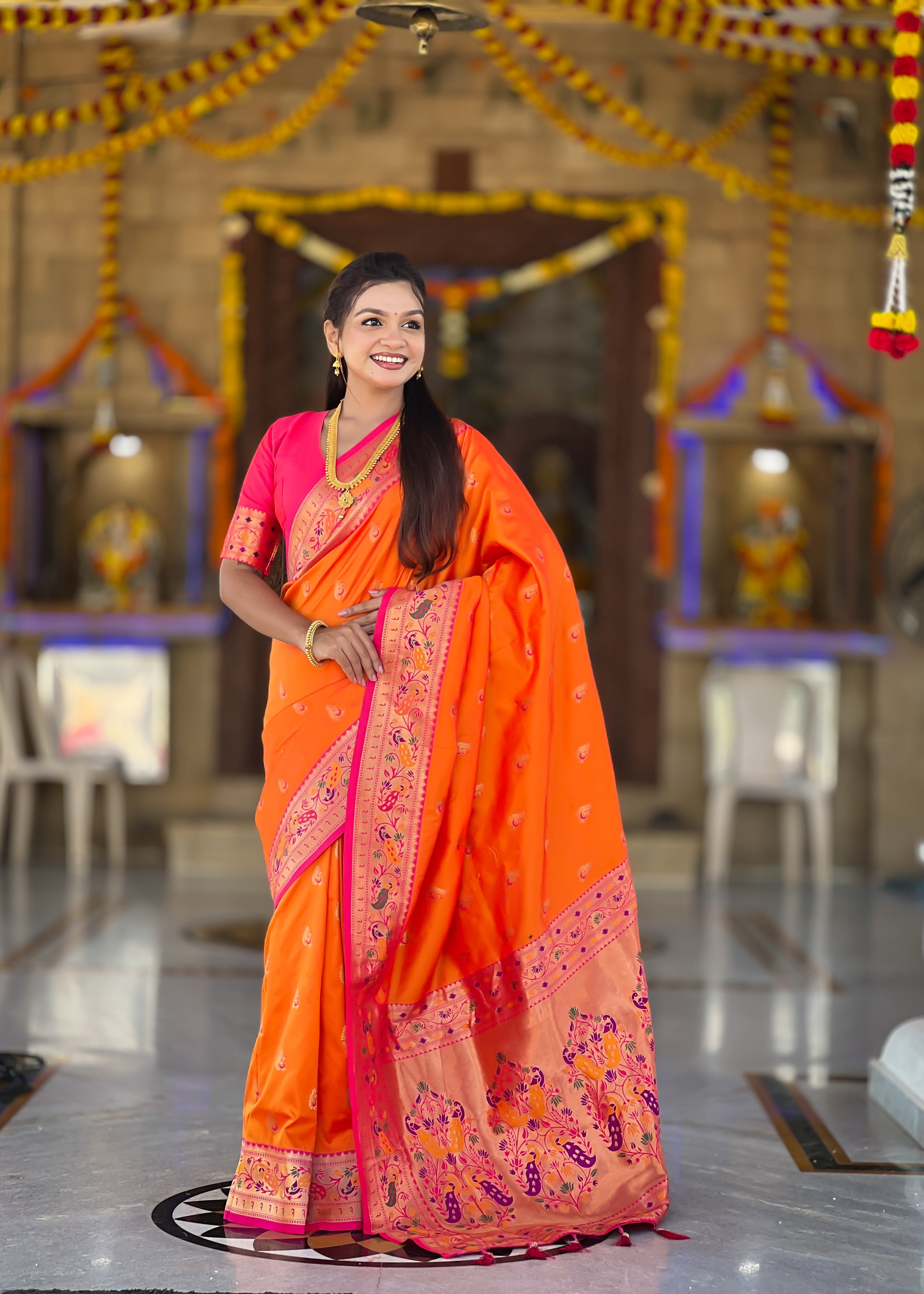 Orange Wedding Wear Soft Paithani Silk Saree