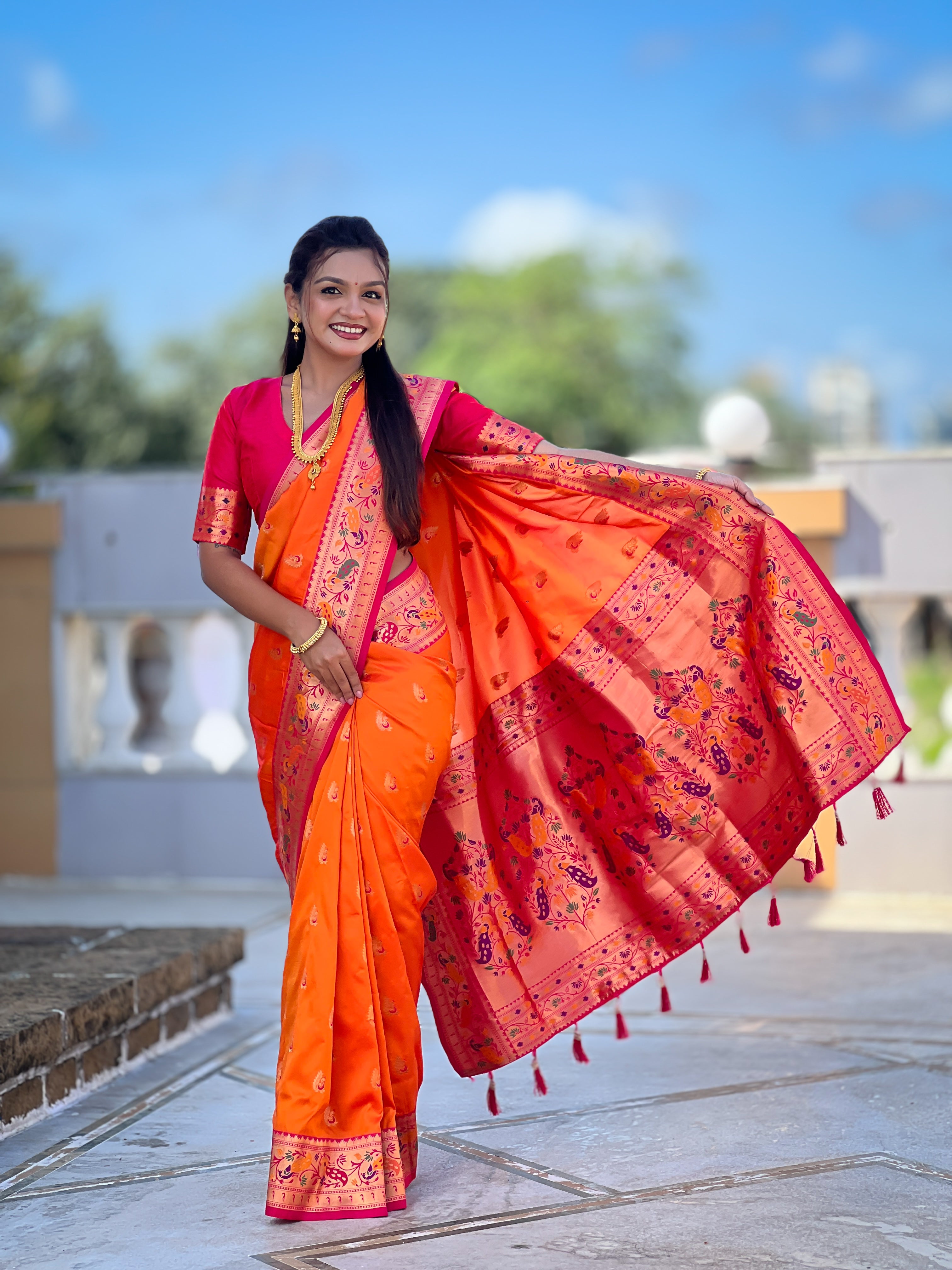 Orange Wedding Wear Soft Paithani Silk Saree