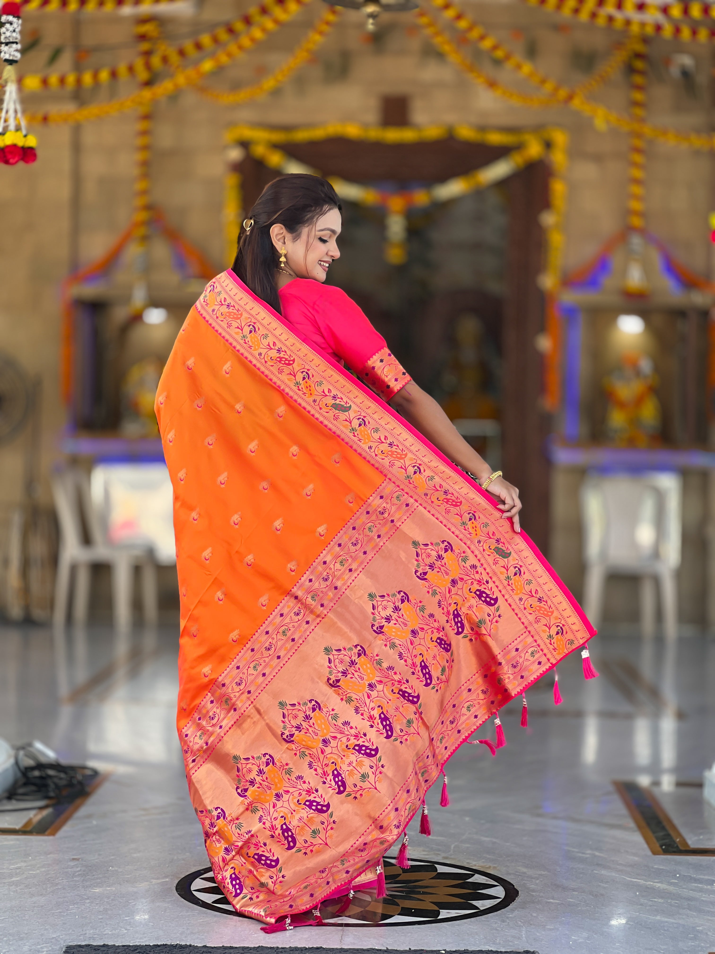 Orange Wedding Wear Soft Paithani Silk Saree