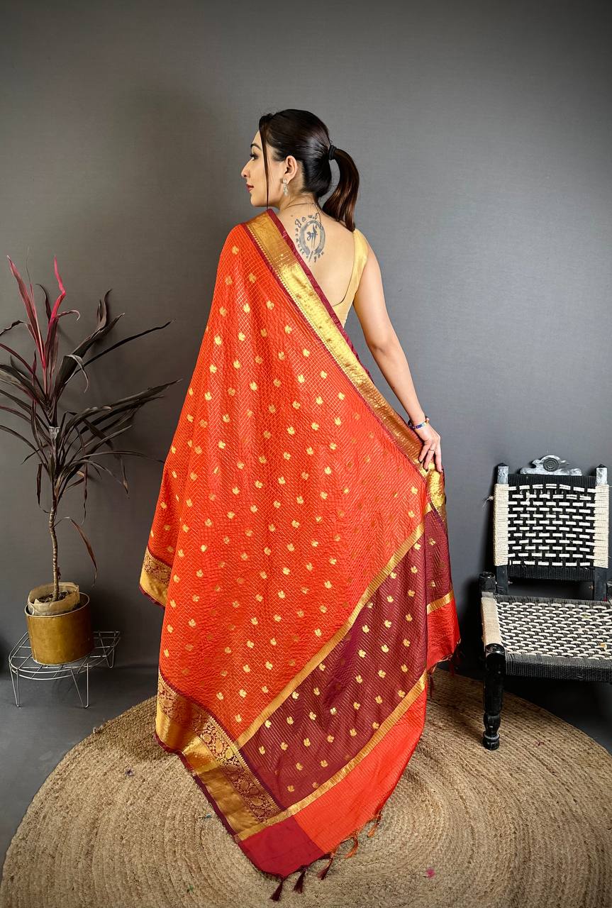Orangey Red Banarasi Soft Tissue Silk Saree