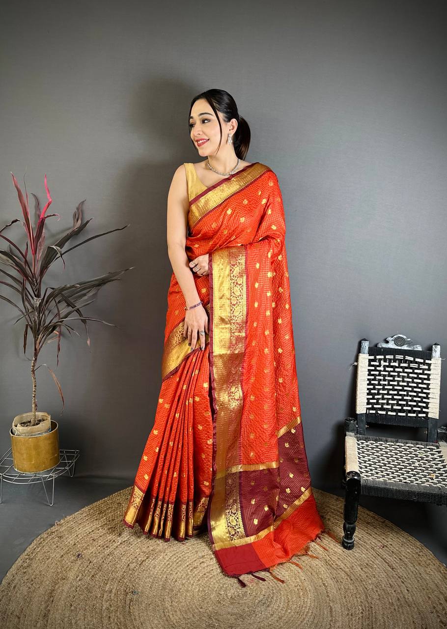 Orangey Red Banarasi Soft Tissue Silk Saree