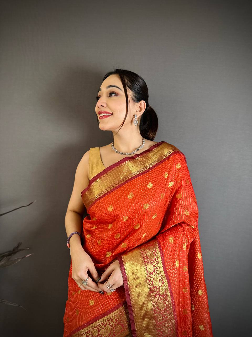 Orangey Red Banarasi Soft Tissue Silk Saree
