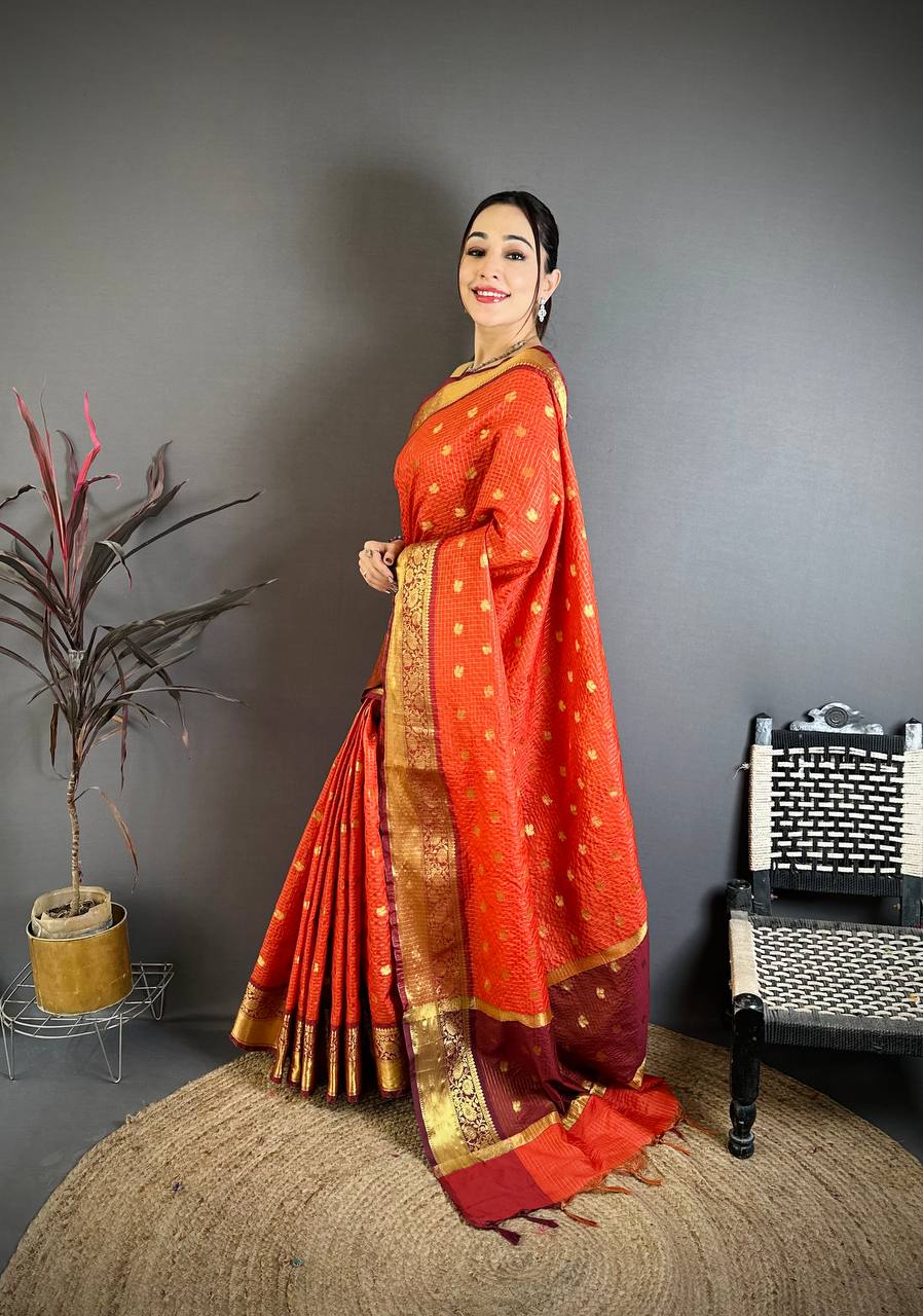 Orangey Red Banarasi Soft Tissue Silk Saree