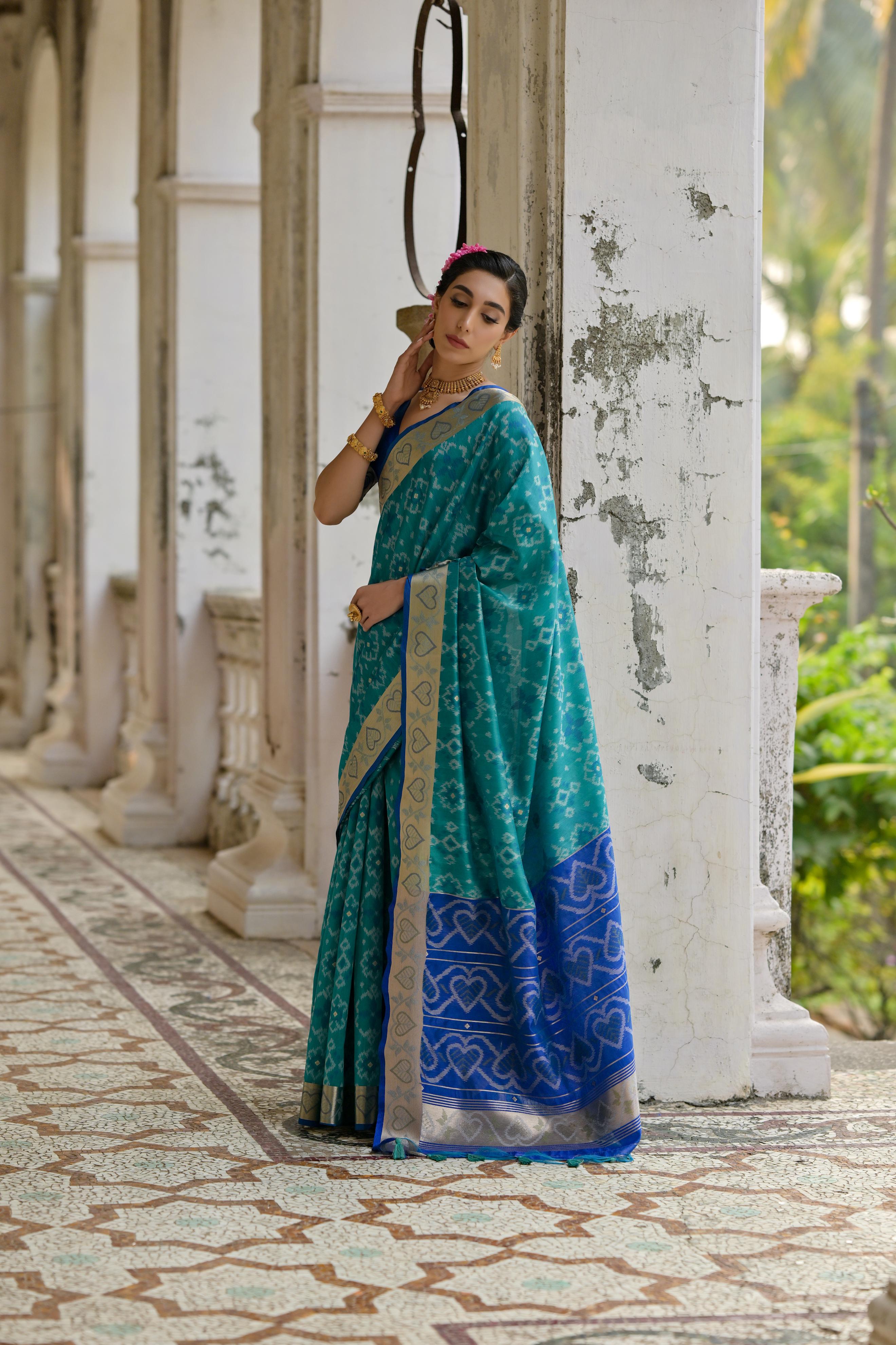 Pacific Blue Pochampali Ikkat Raw Silk Saree