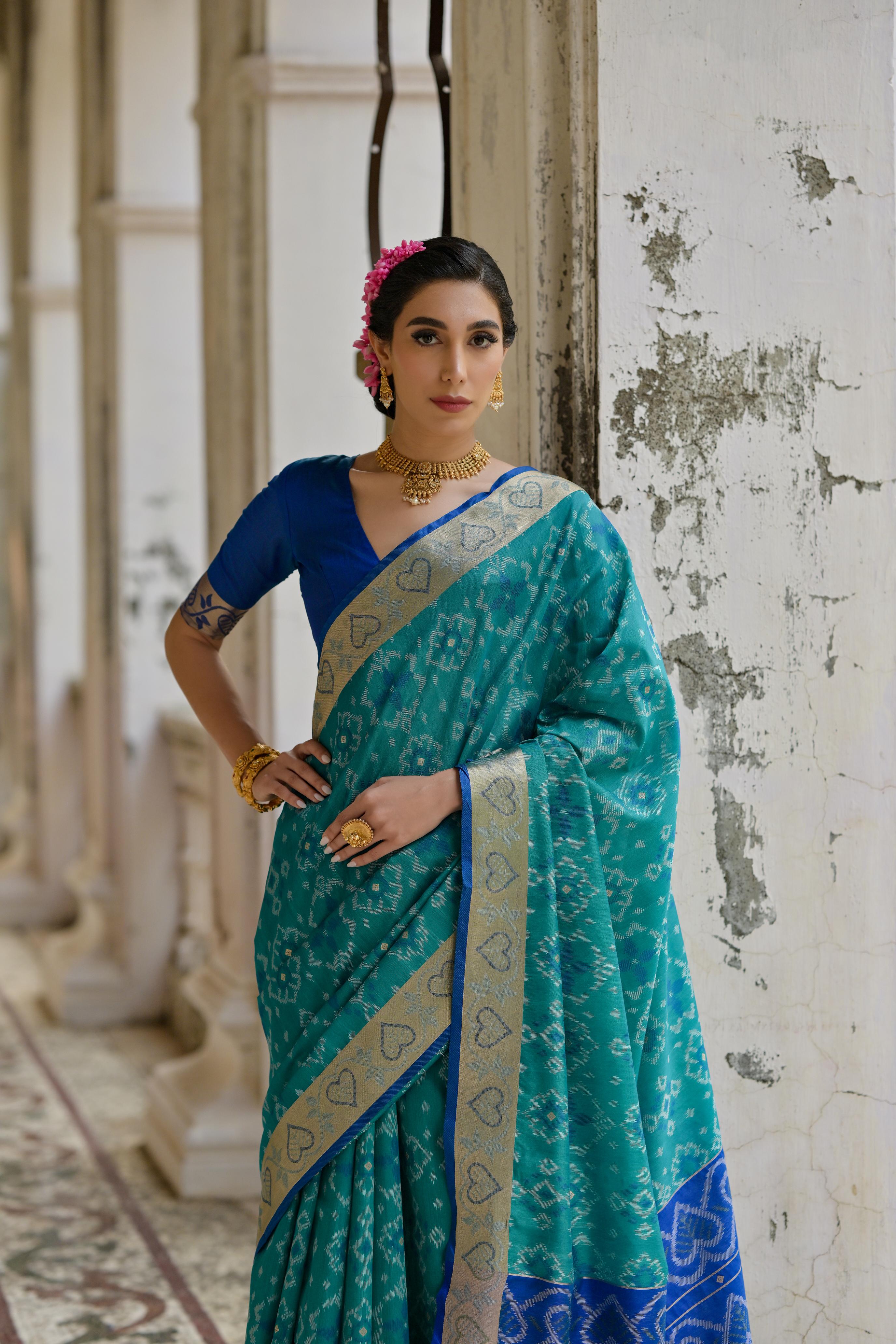 Pacific Blue Pochampali Ikkat Raw Silk Saree