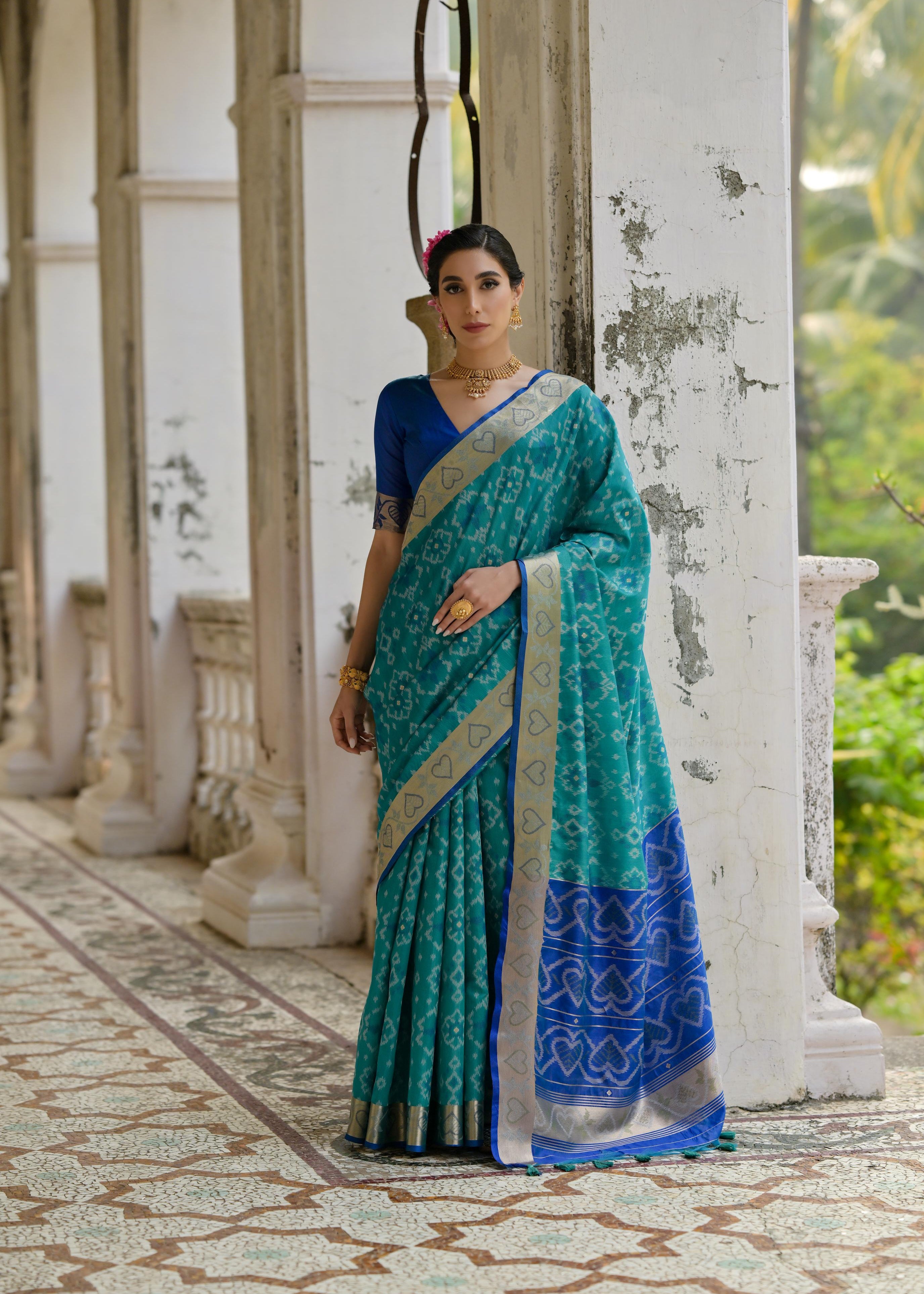 Pacific Blue Pochampali Ikkat Raw Silk Saree