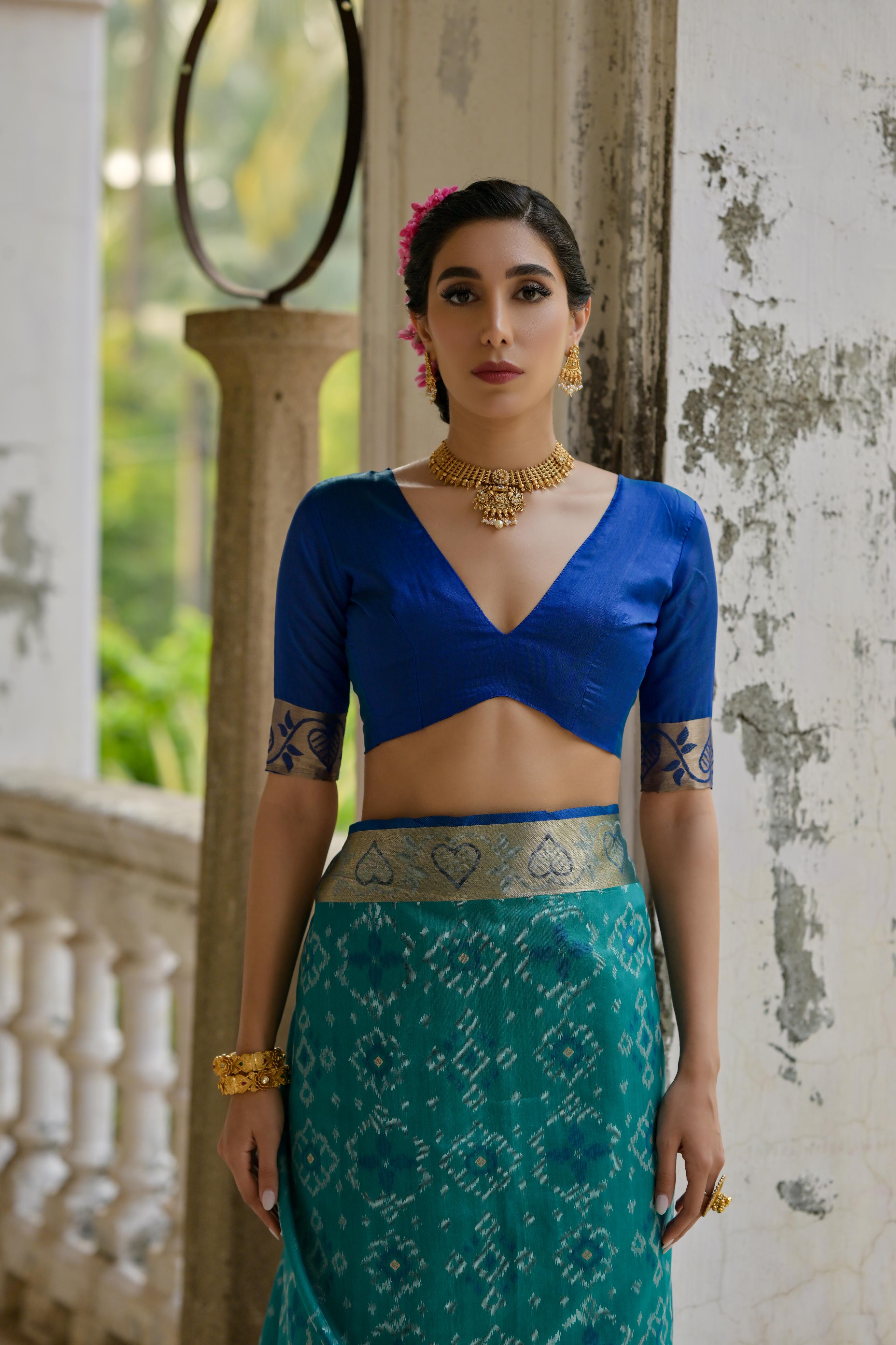 Pacific Blue Pochampali Ikkat Raw Silk Saree