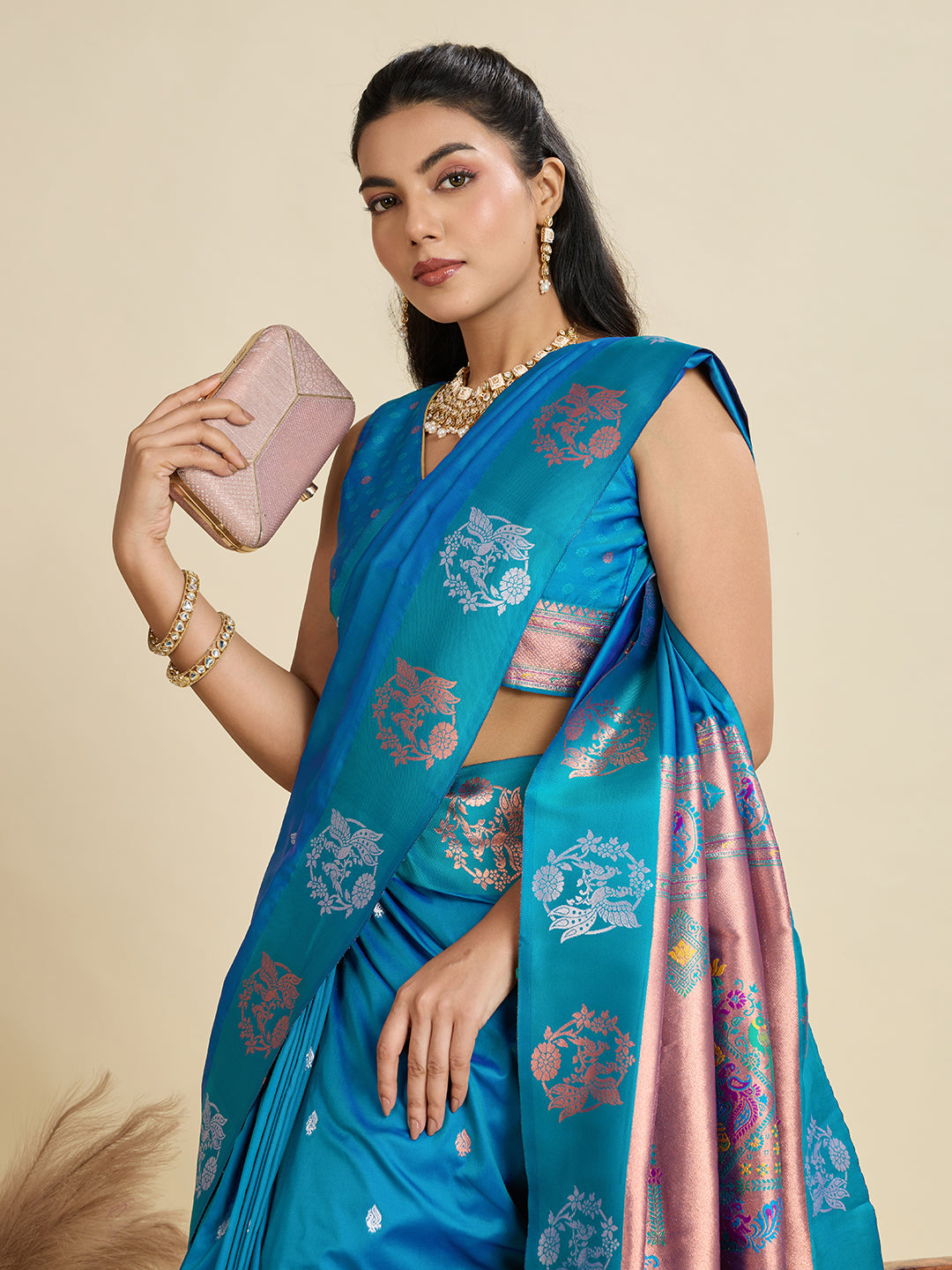 Pacific Blue Pure Soft Kanjivaram Paithani Silk Saree