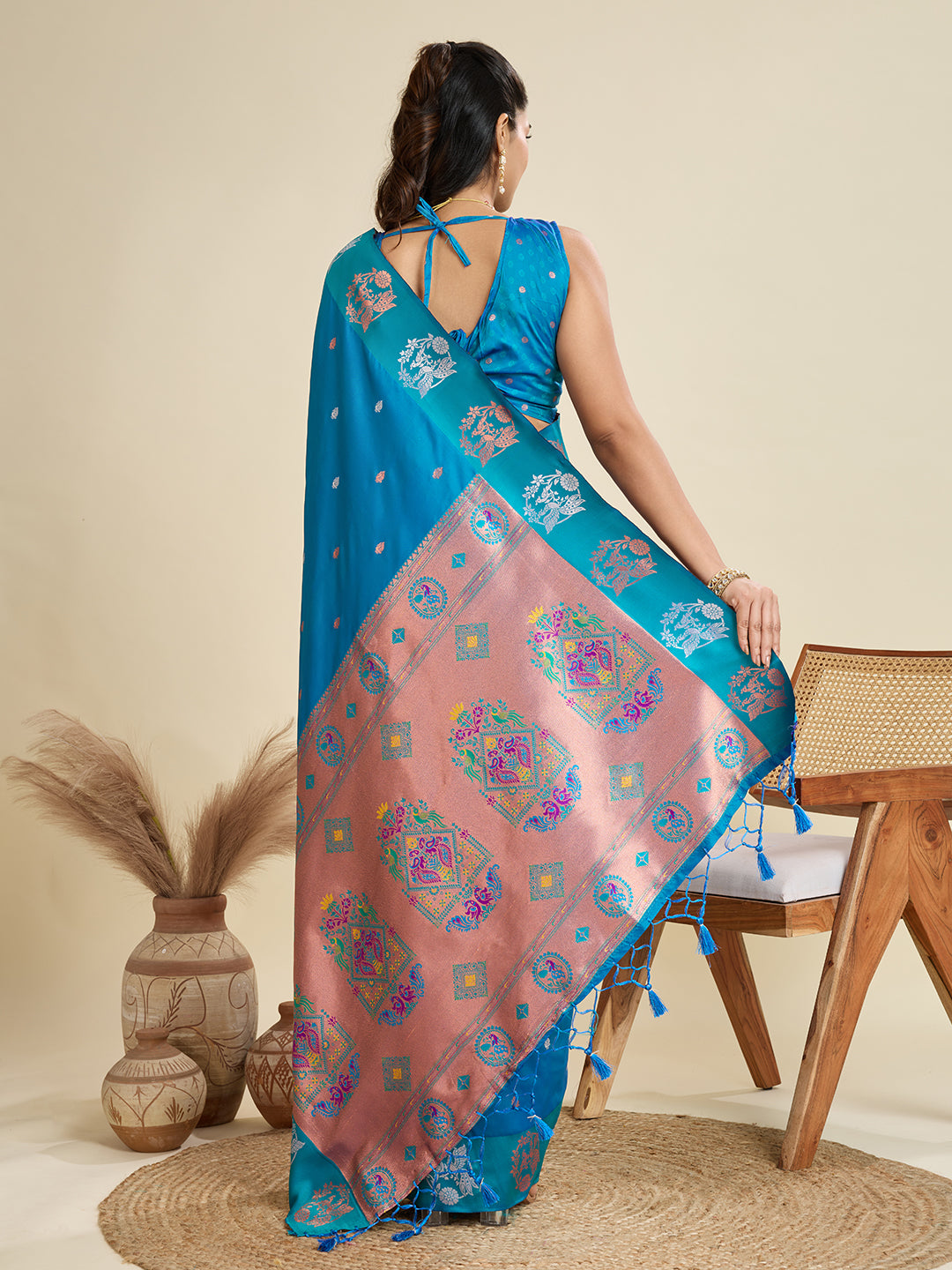 Pacific Blue Pure Soft Kanjivaram Paithani Silk Saree