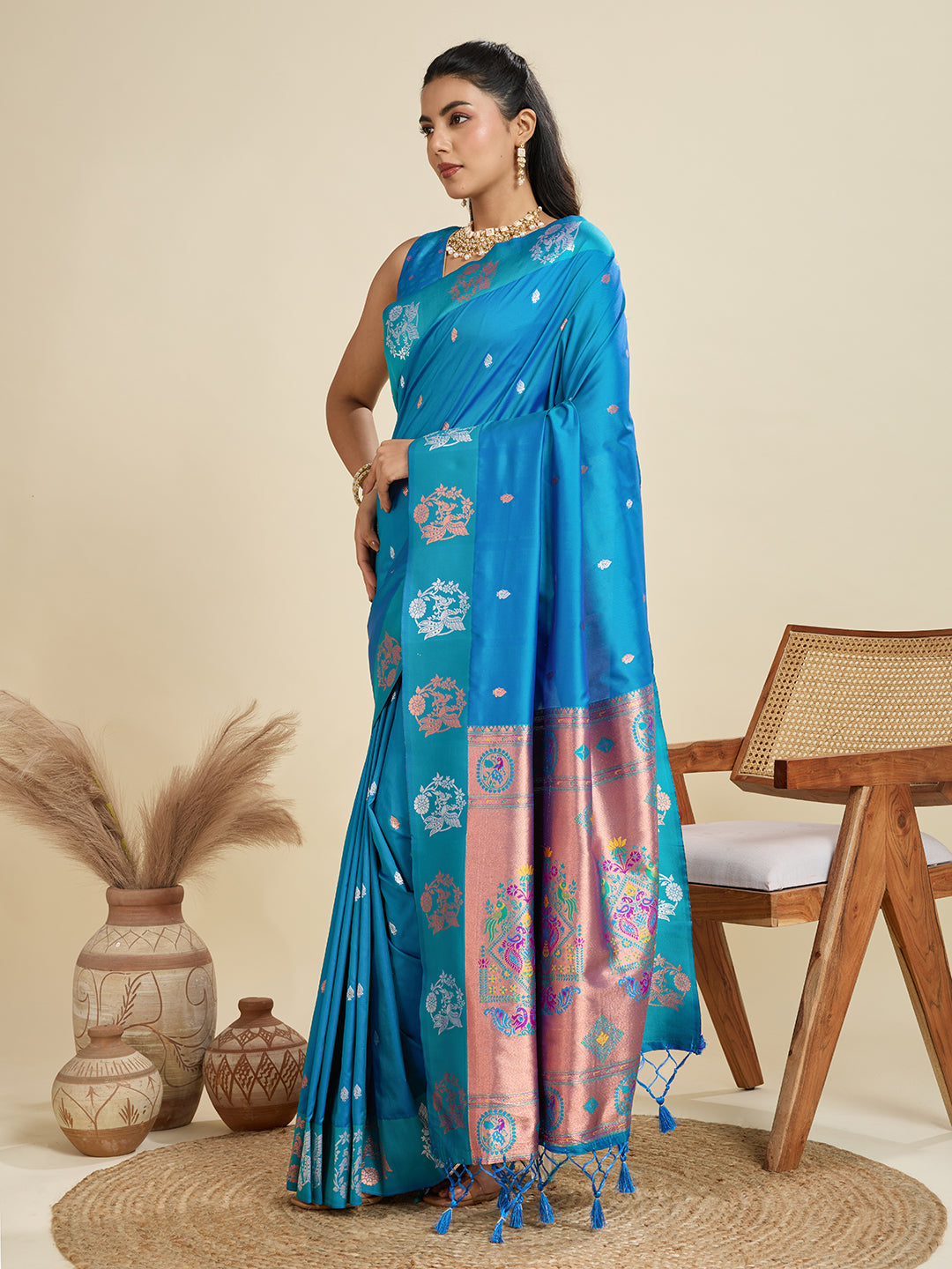 Pacific Blue Pure Soft Kanjivaram Paithani Silk Saree