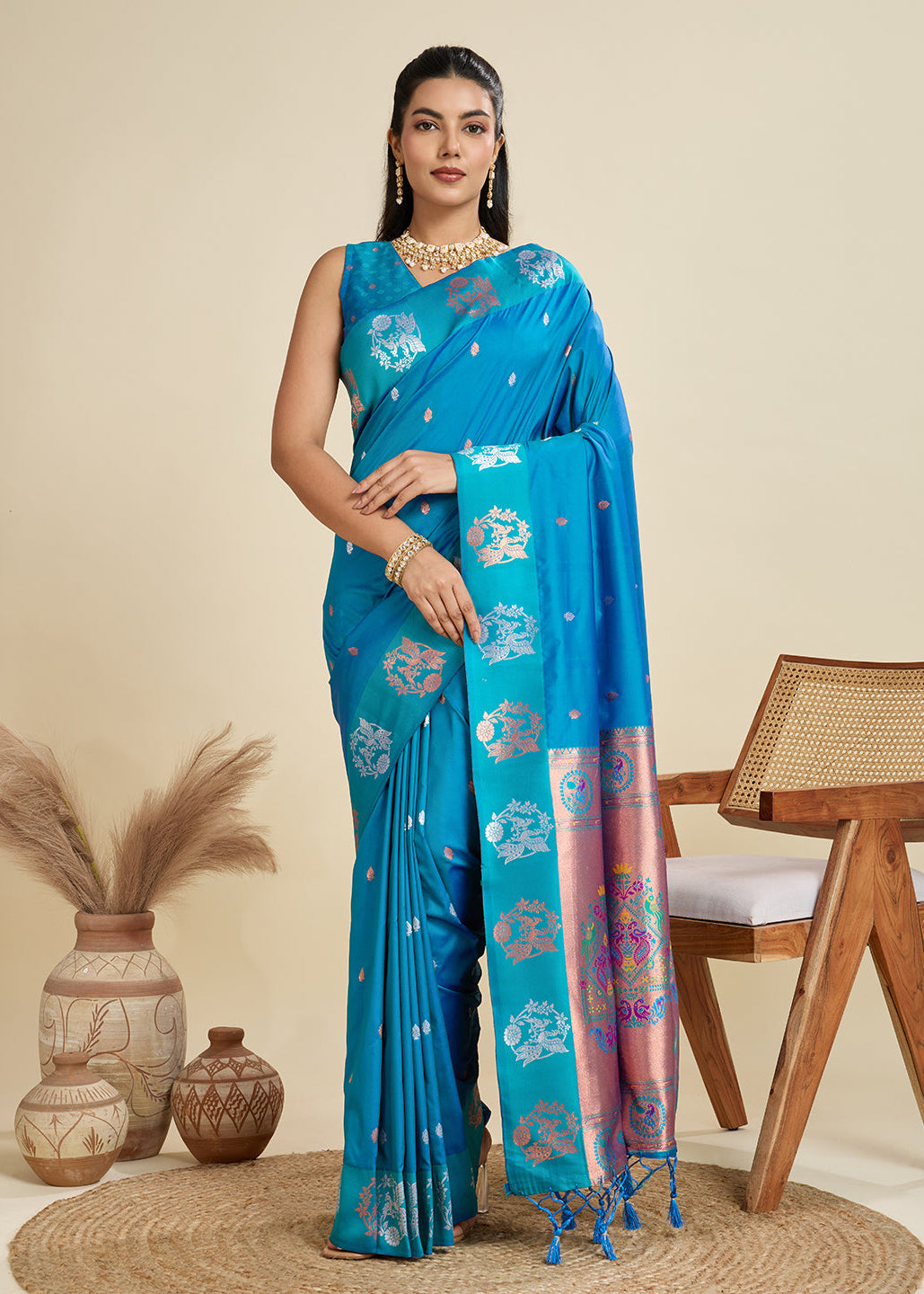 Pacific Blue Pure Soft Kanjivaram Paithani Silk Saree