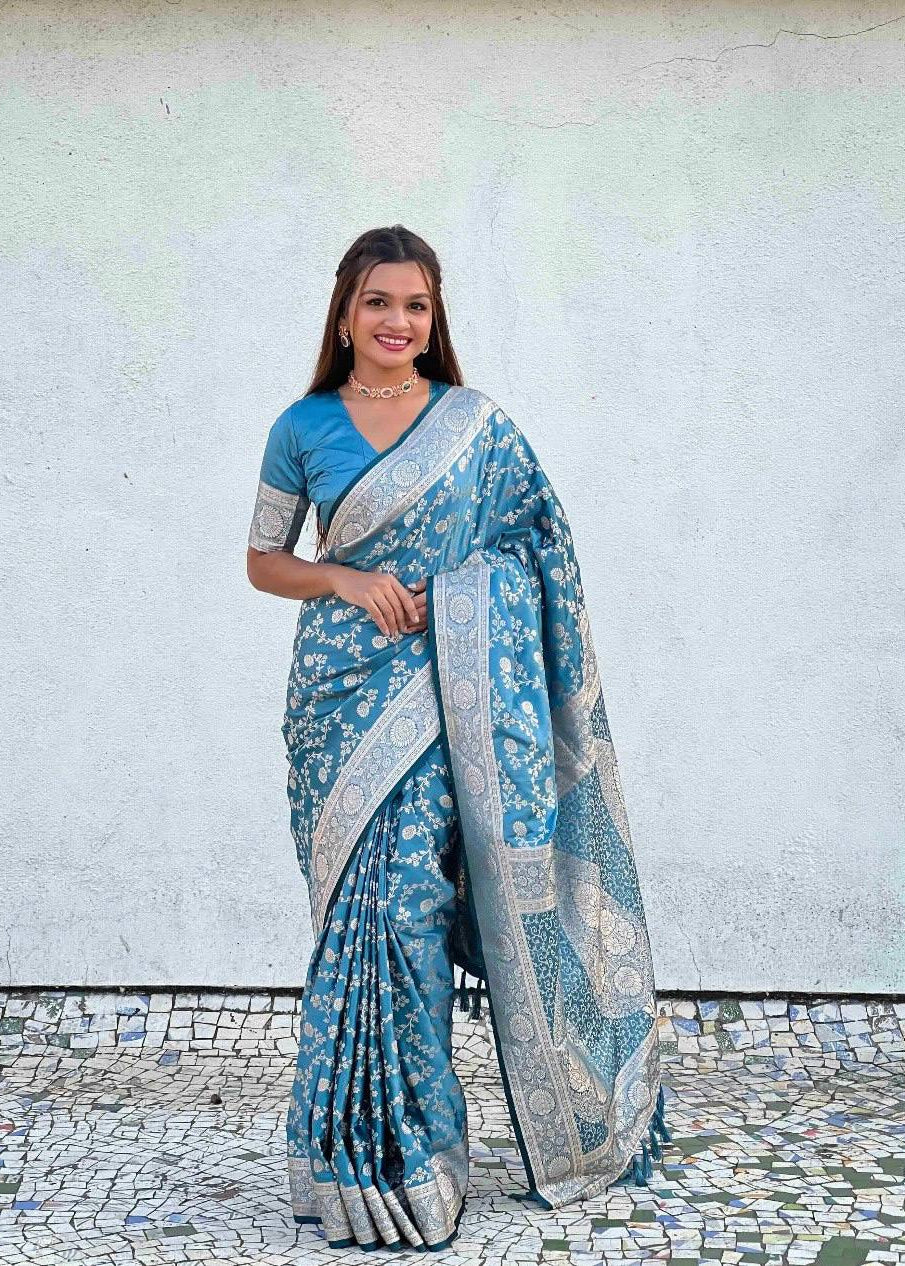 Pacific Blue Traditional Lichi Silk Saree