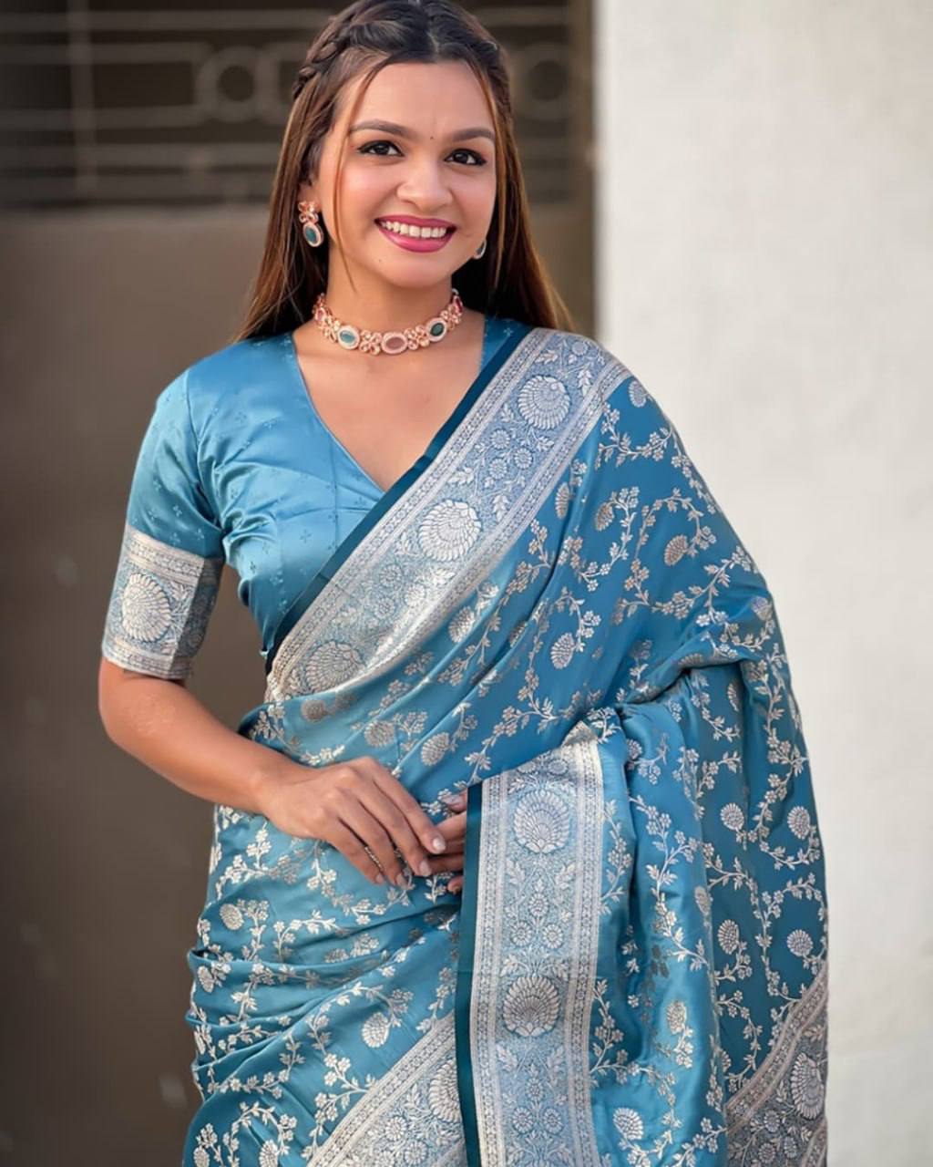 Pacific Blue Traditional Lichi Silk Saree