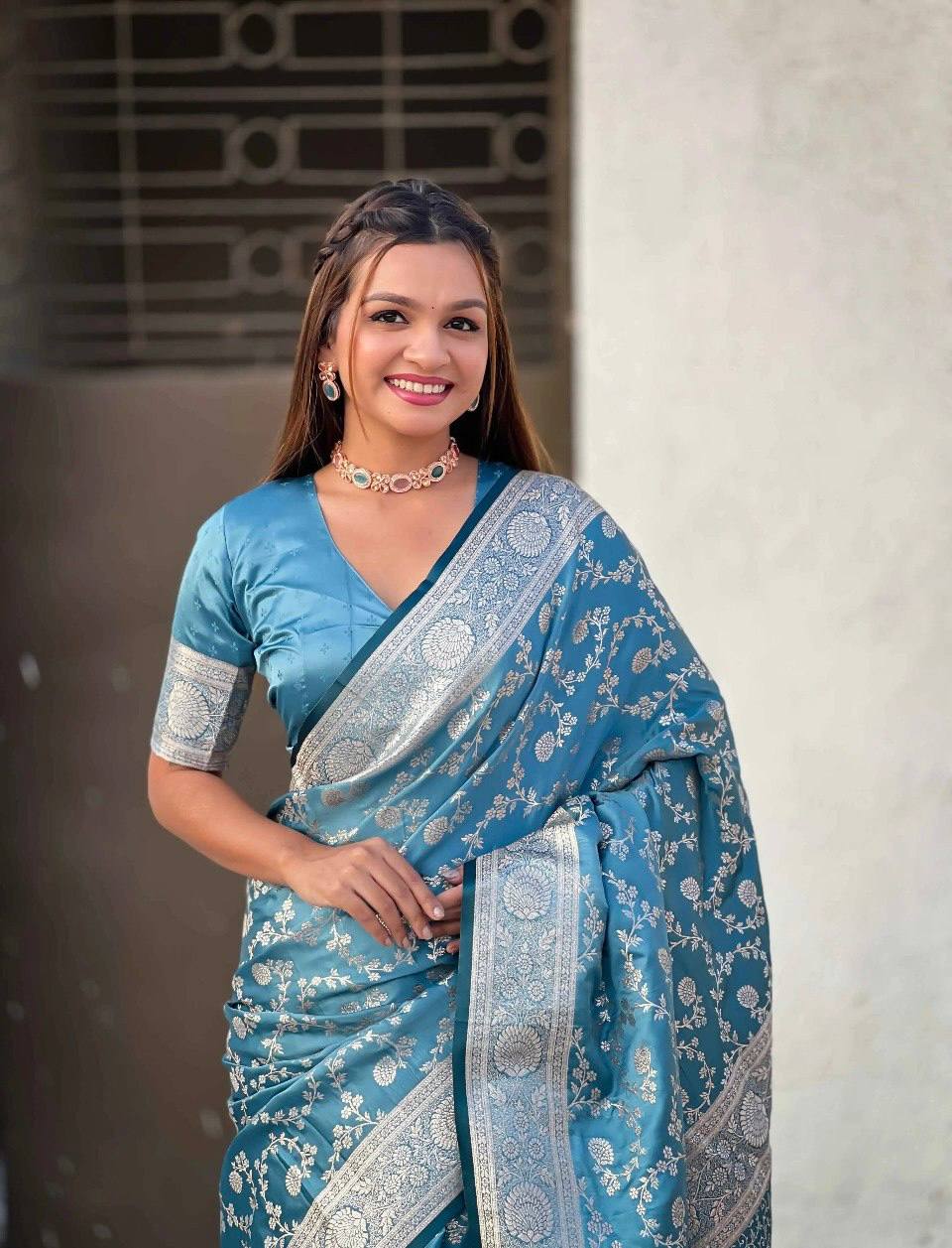 Pacific Blue Traditional Lichi Silk Saree