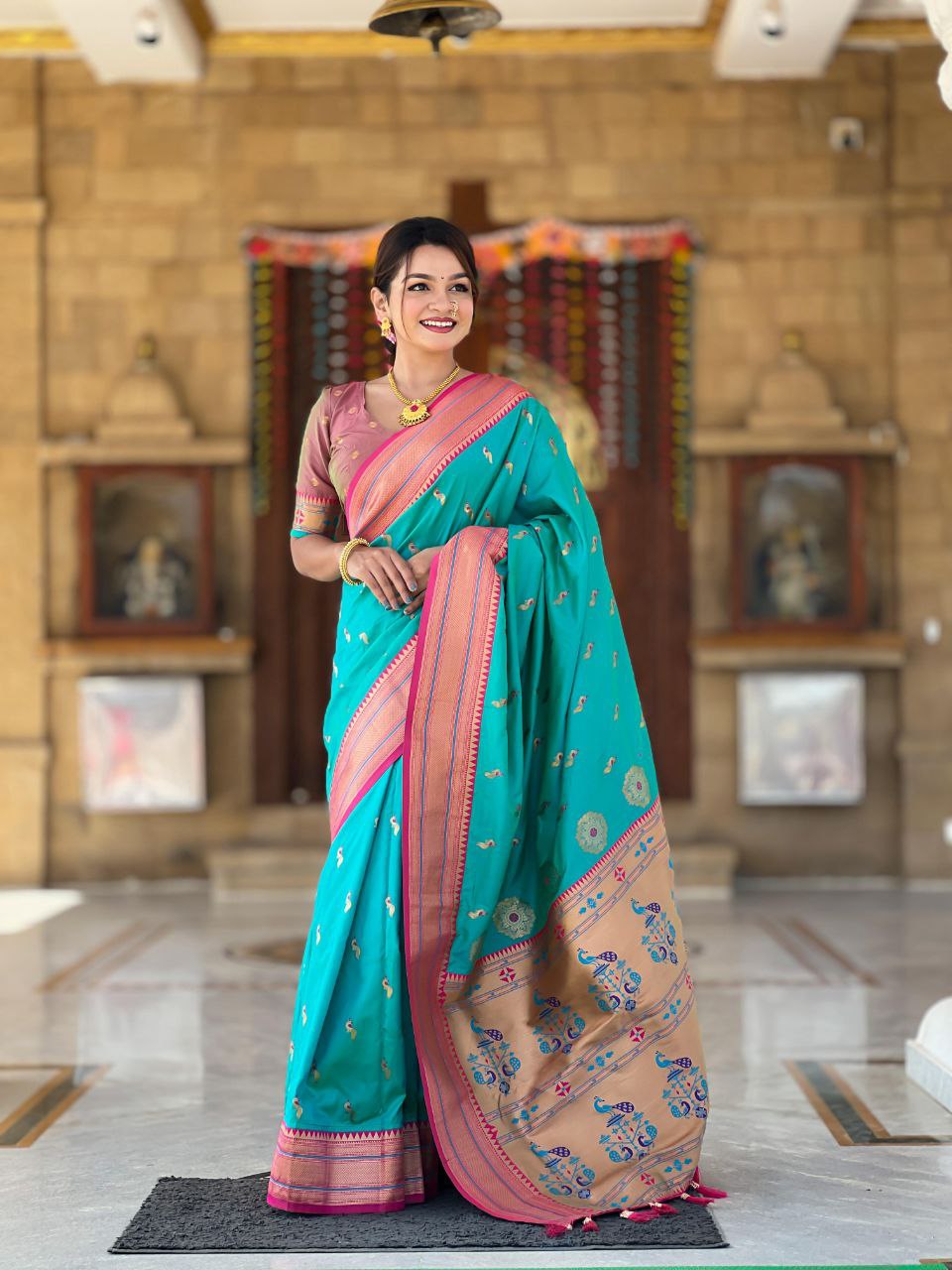 Pacific Blue Wedding Wear Soft Paithani Silk Saree