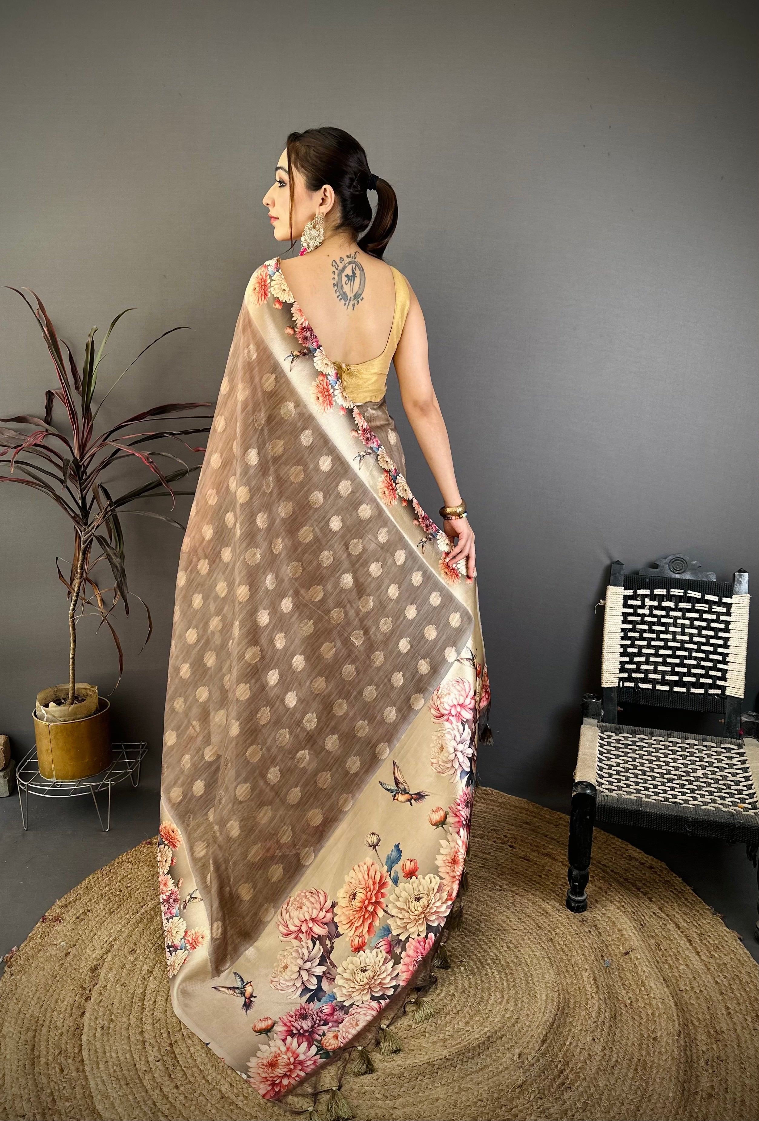 Pale Brown Designer Cotton Saree