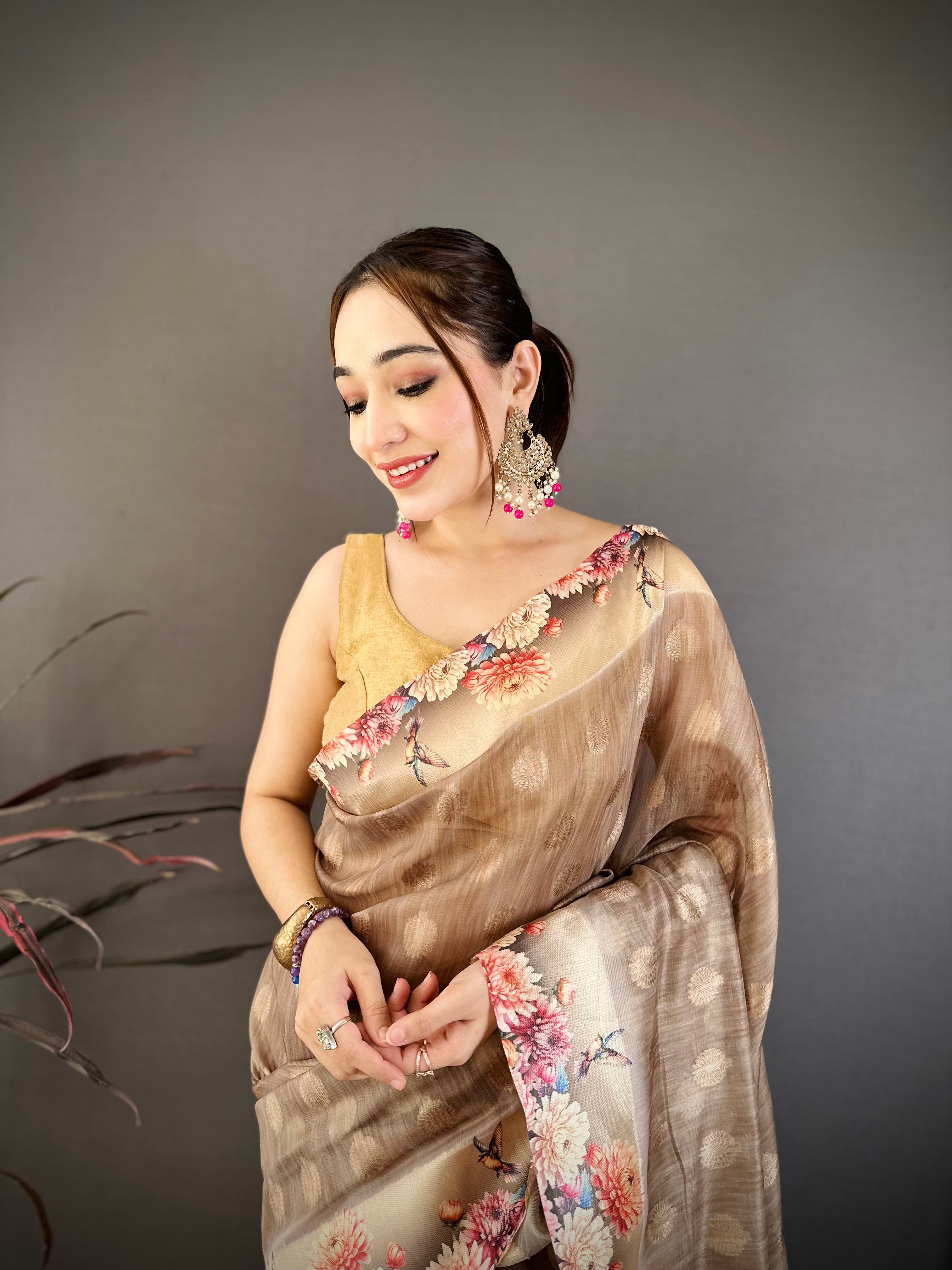 Pale Brown Designer Cotton Saree