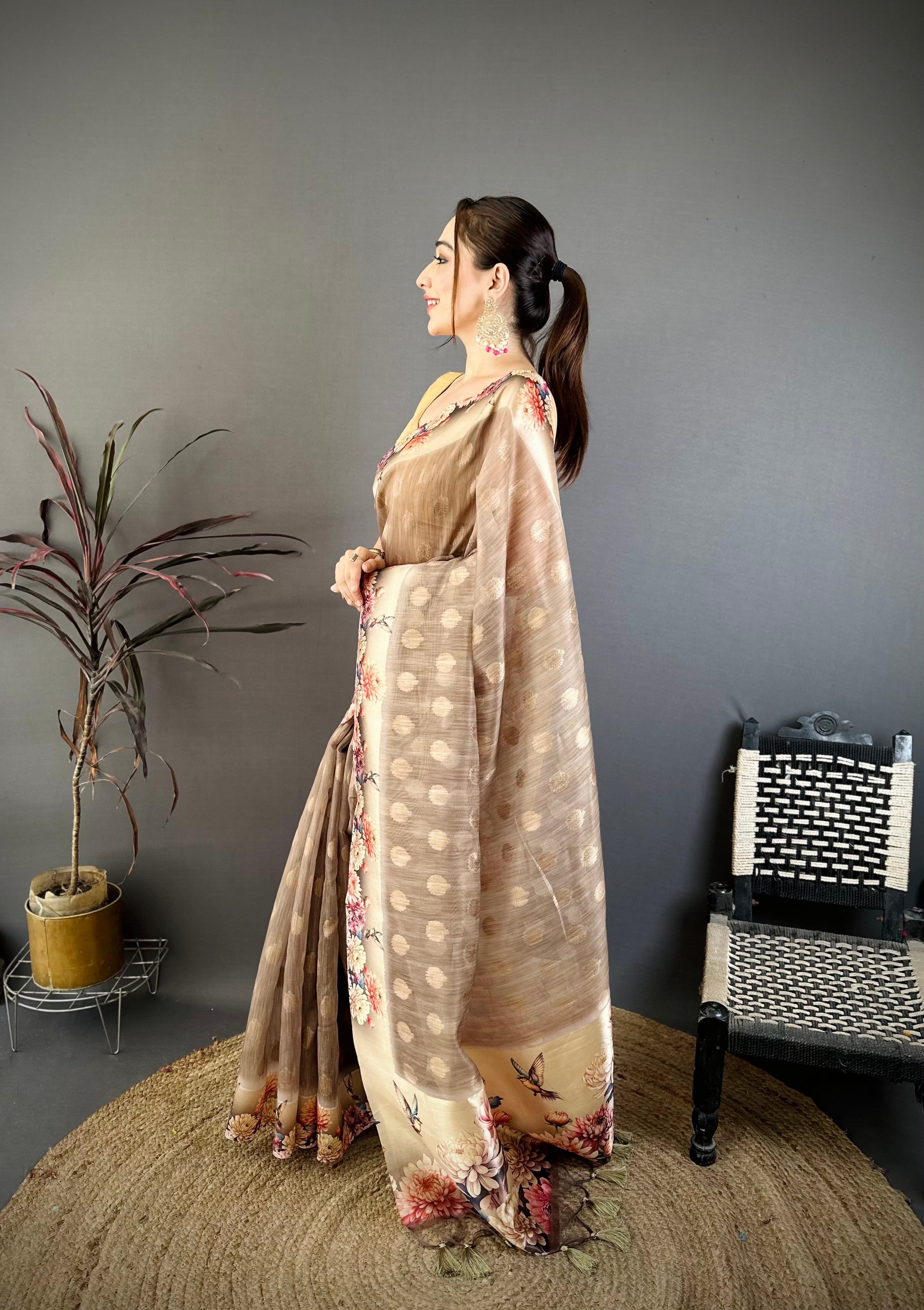 Pale Brown Designer Cotton Saree