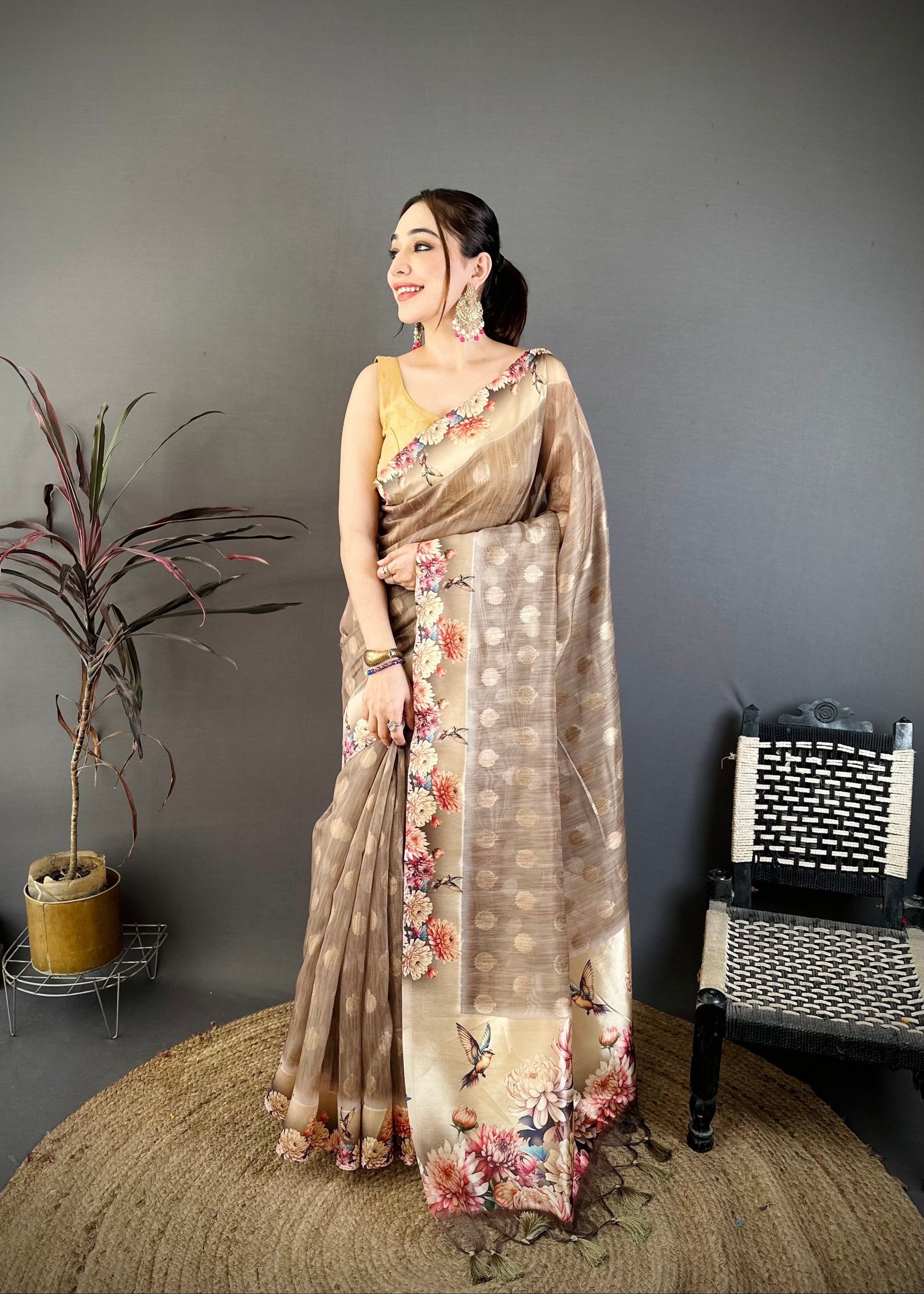 Pale Brown Designer Cotton Saree