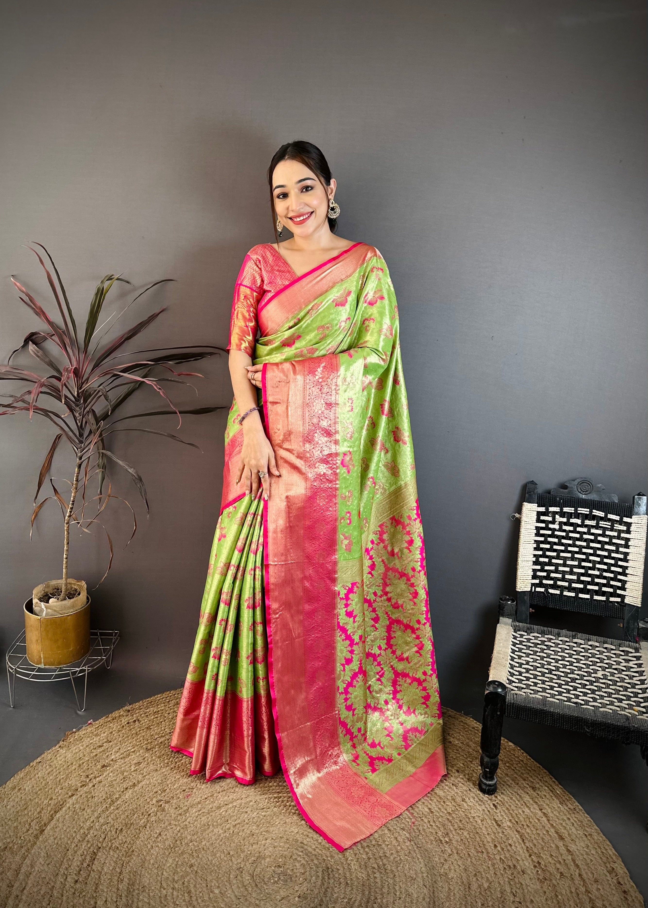Parrot Green Floral Wedding Wear Kanjivaram Saree