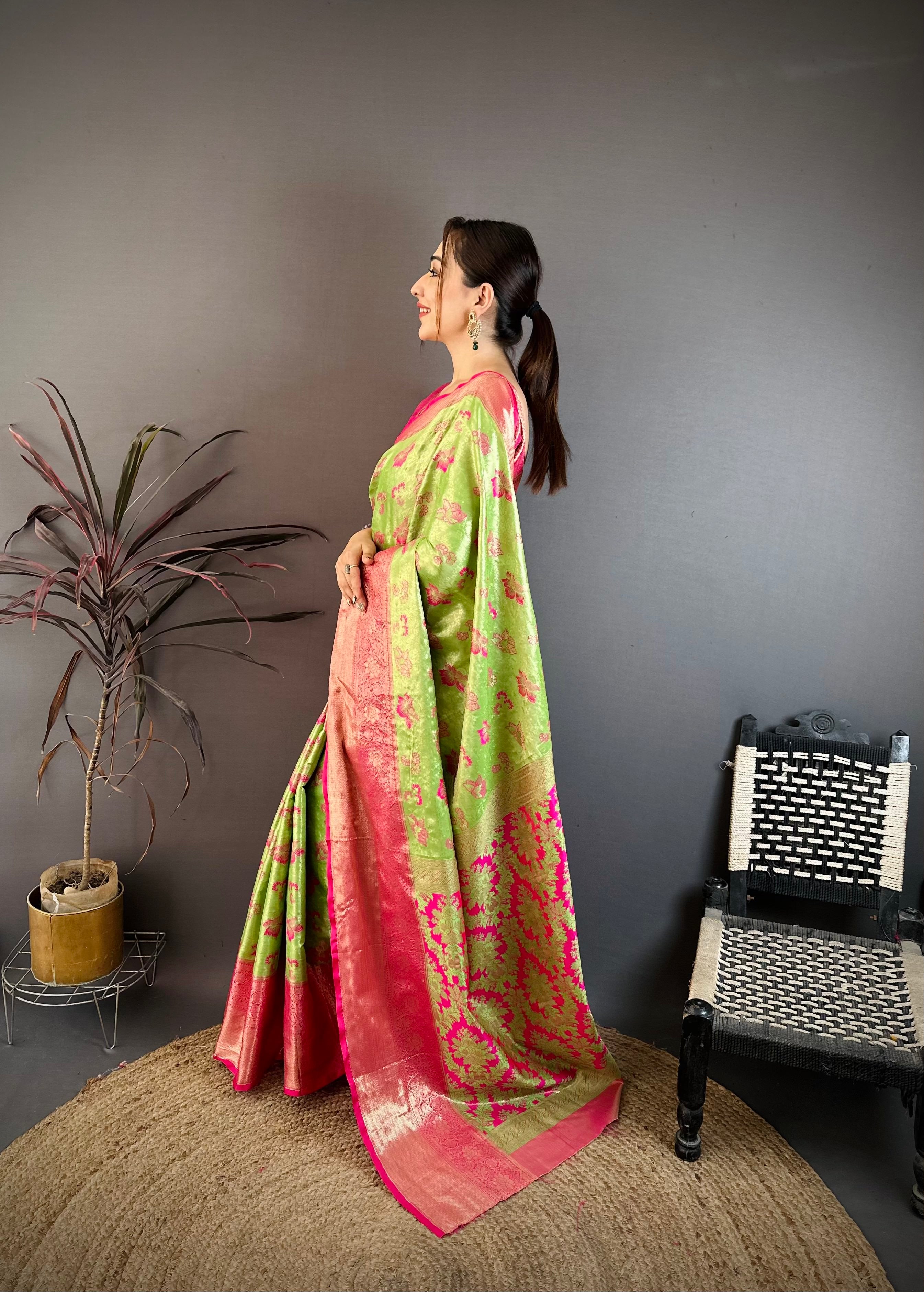 Parrot Green Floral Wedding Wear Kanjivaram Saree