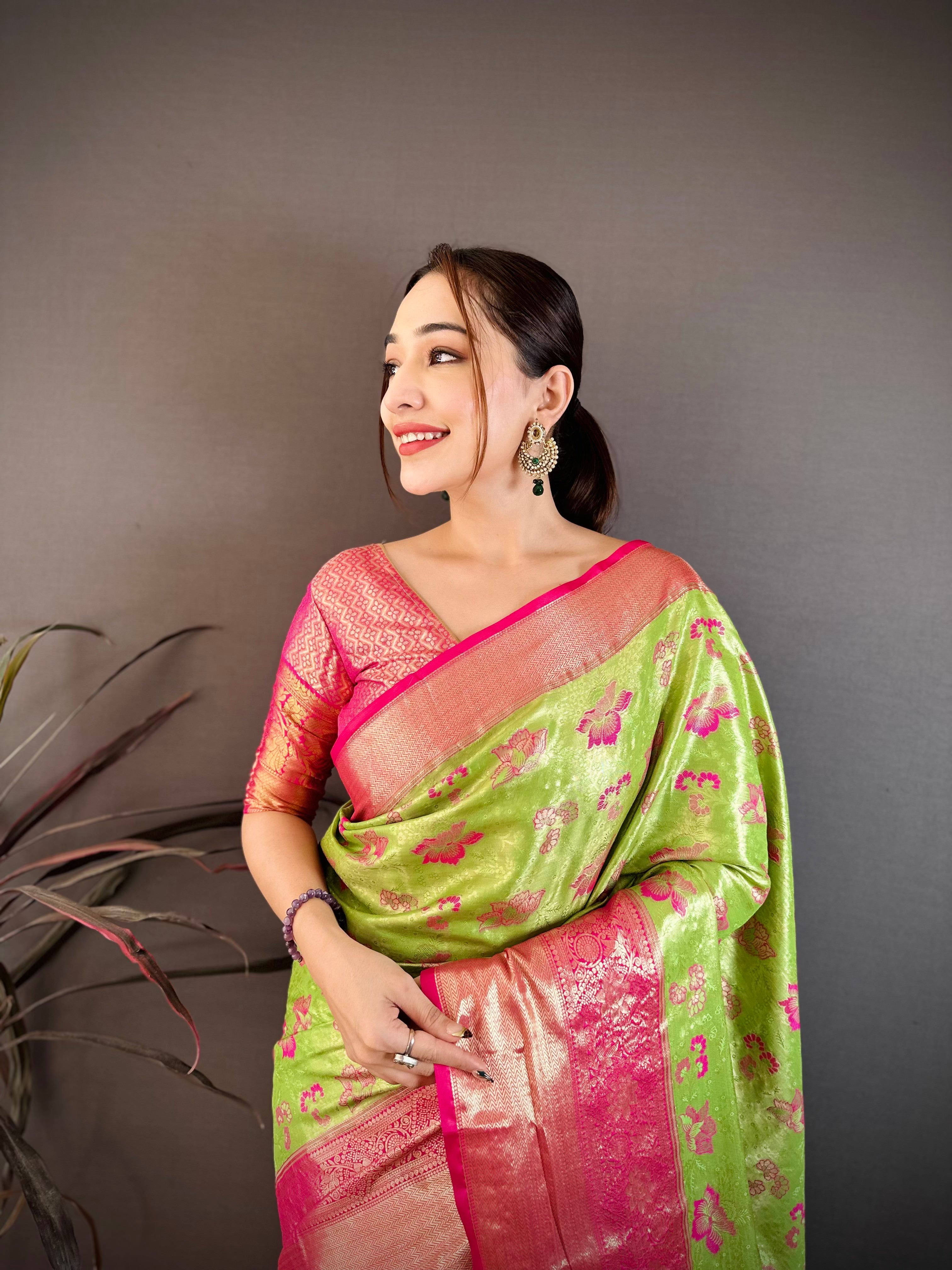 Parrot Green Floral Wedding Wear Kanjivaram Saree