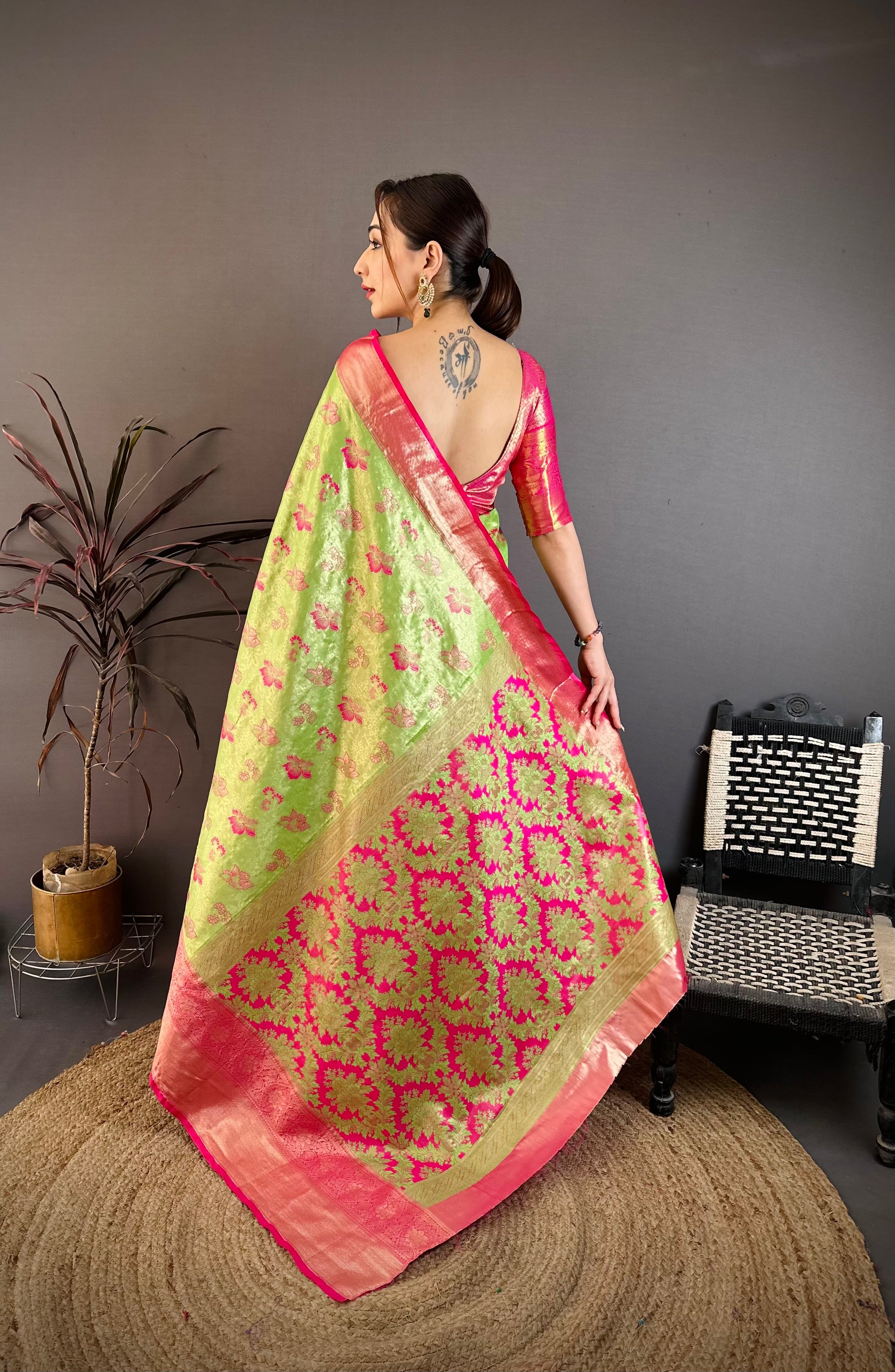 Parrot Green Floral Wedding Wear Kanjivaram Saree