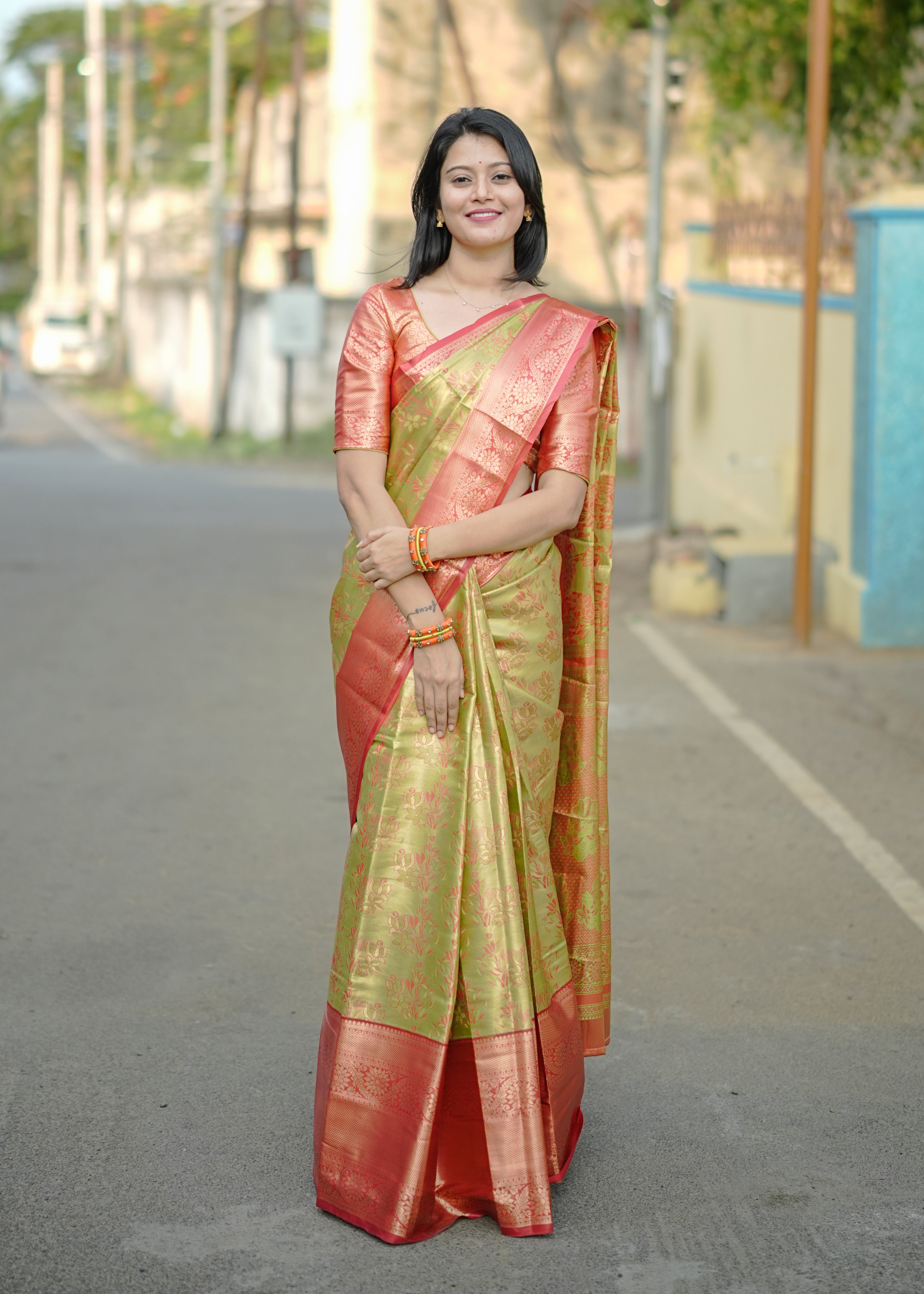 Parrot Green Kanjivaram Semi Silk Saree