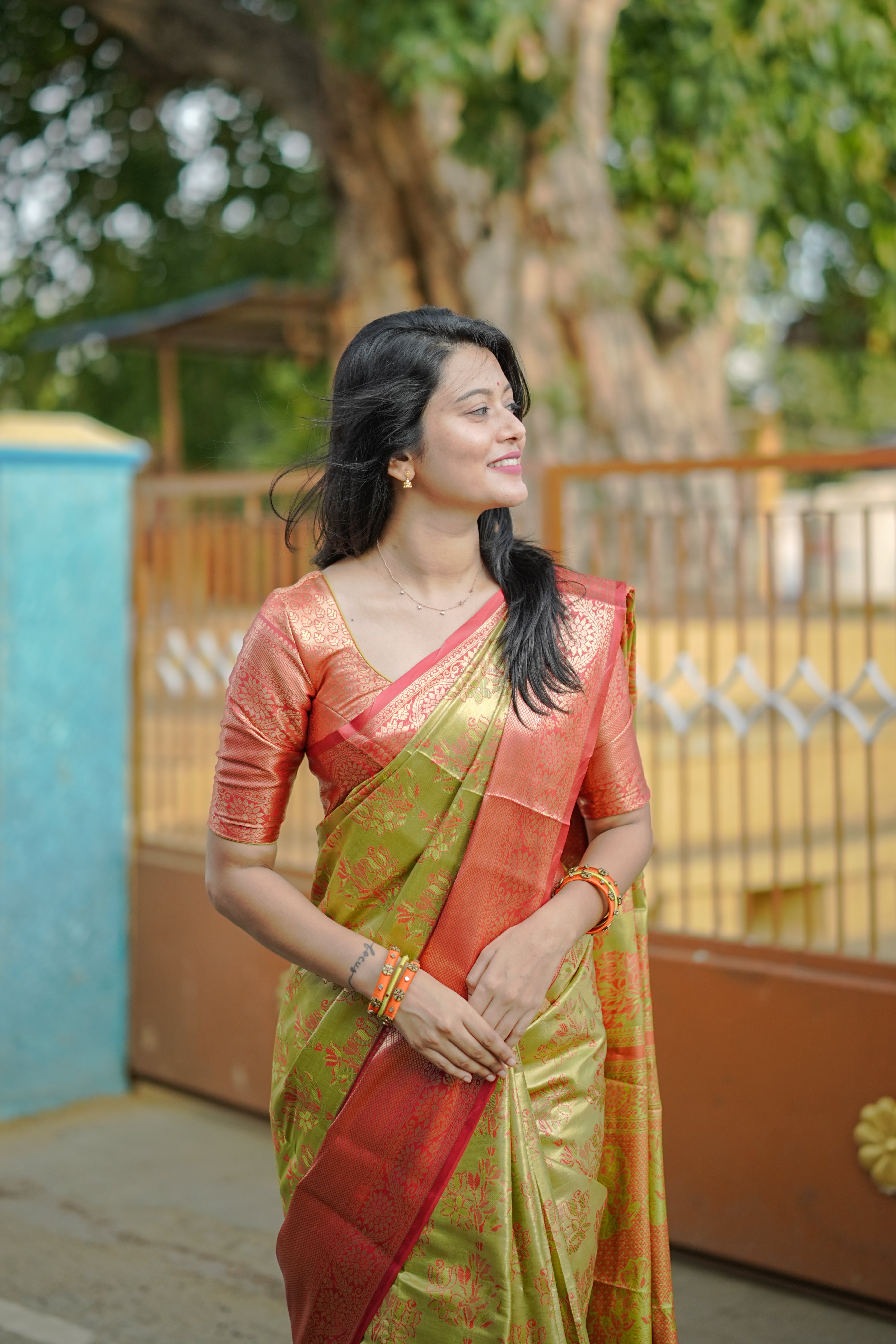 Parrot Green Kanjivaram Semi Silk Saree