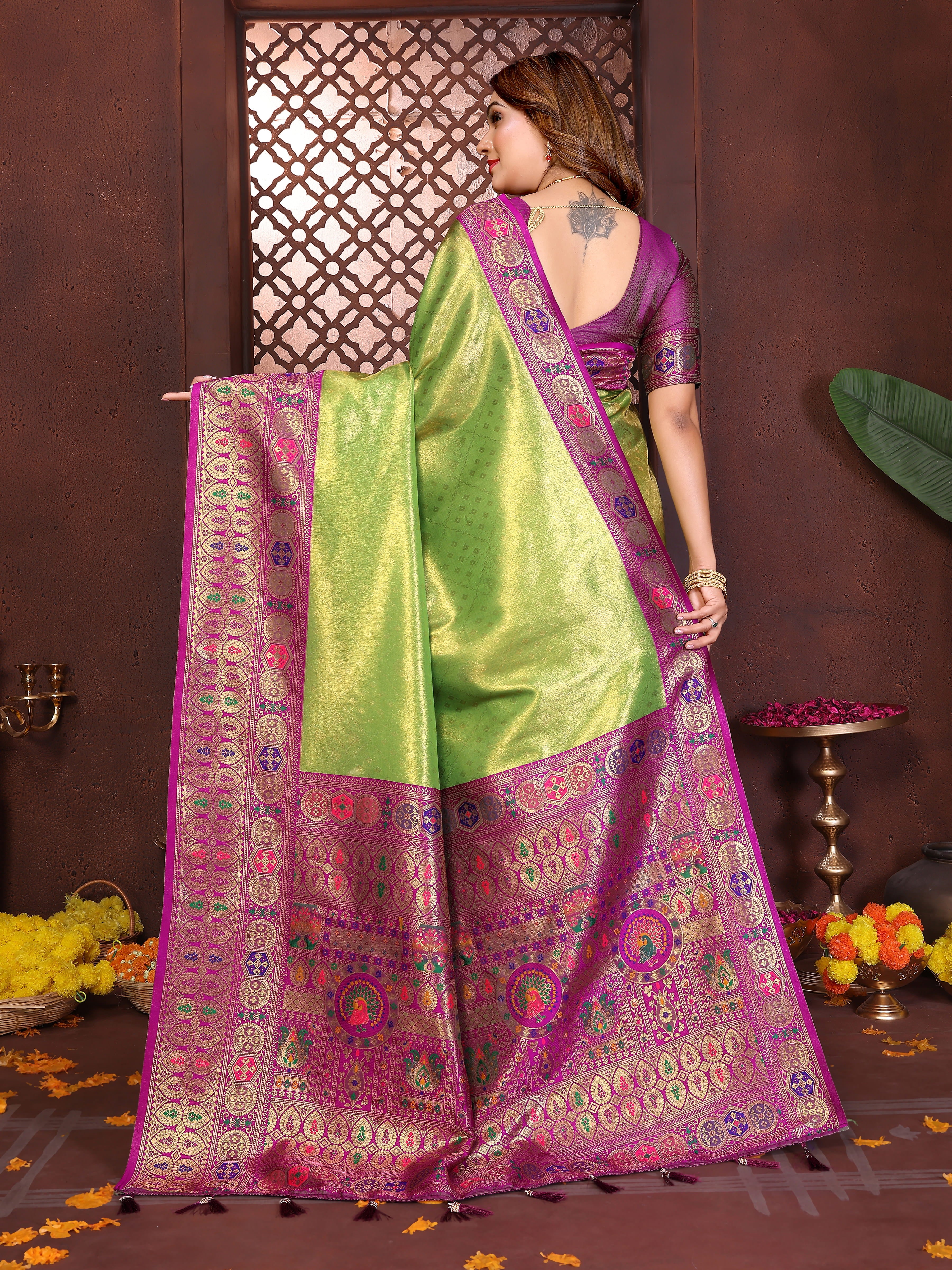 Parrot Green & Magenta Banarasi Tissue Silk Saree