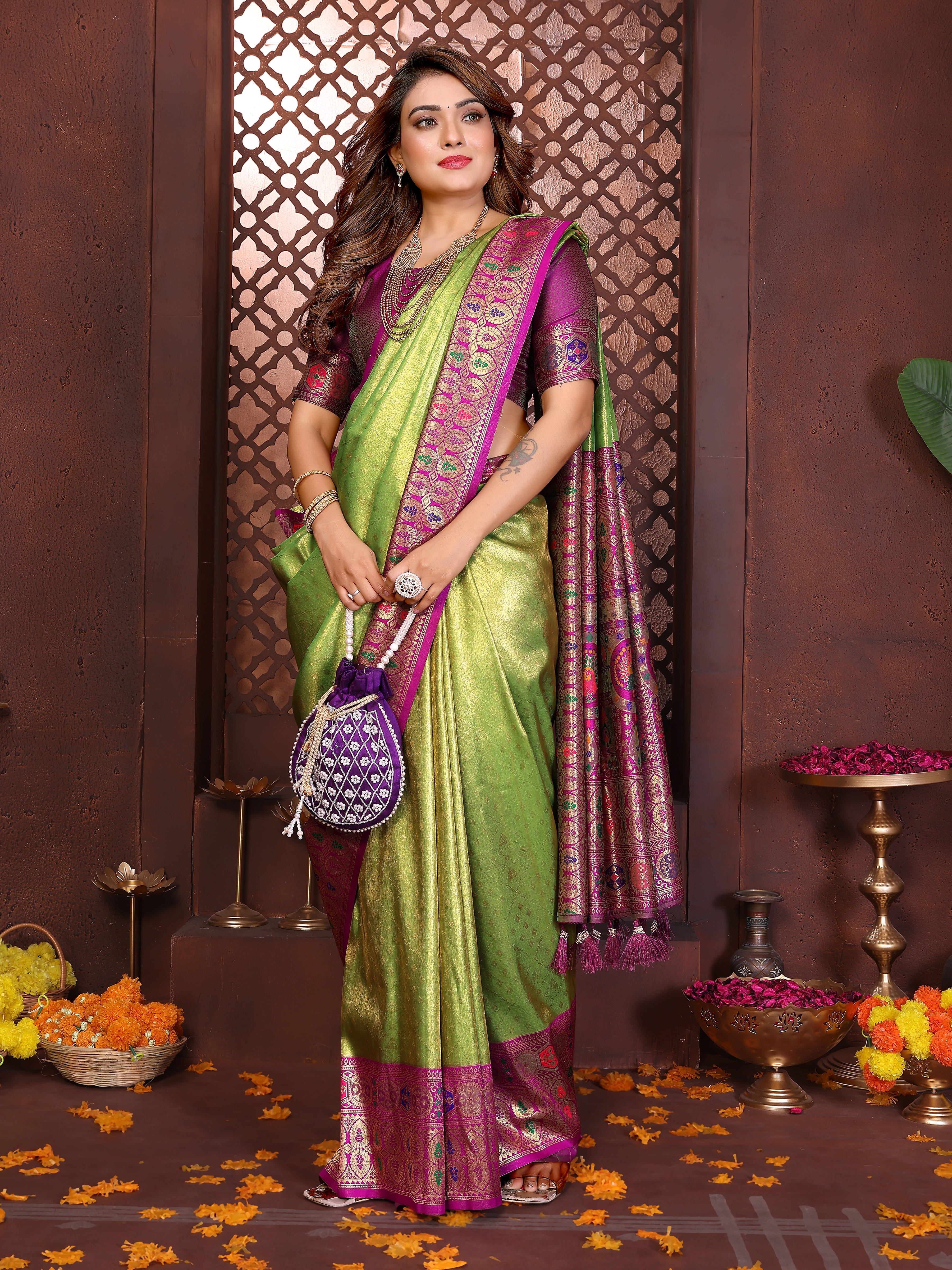 Parrot Green & Magenta Banarasi Tissue Silk Saree