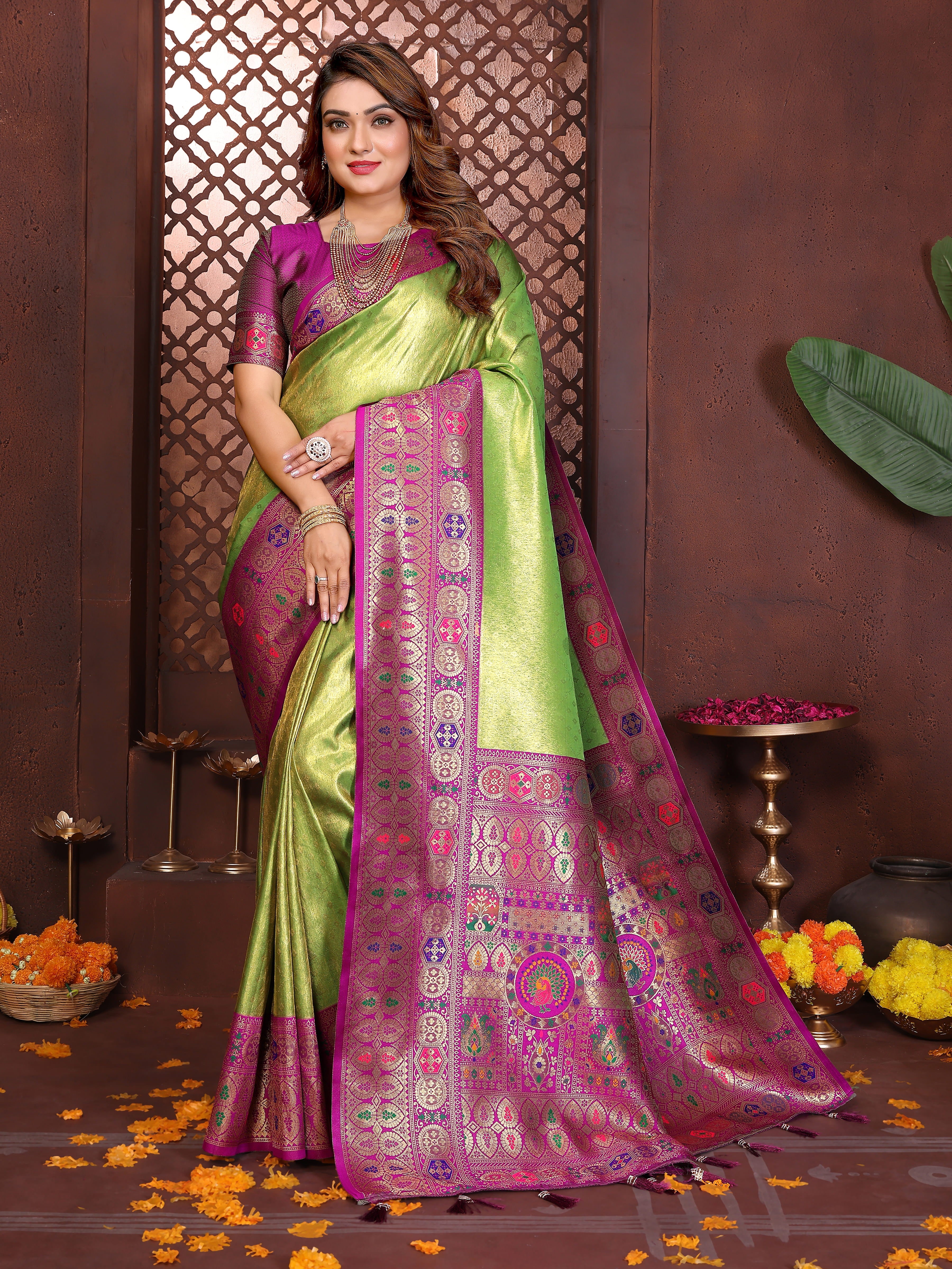 Parrot Green & Magenta Banarasi Tissue Silk Saree