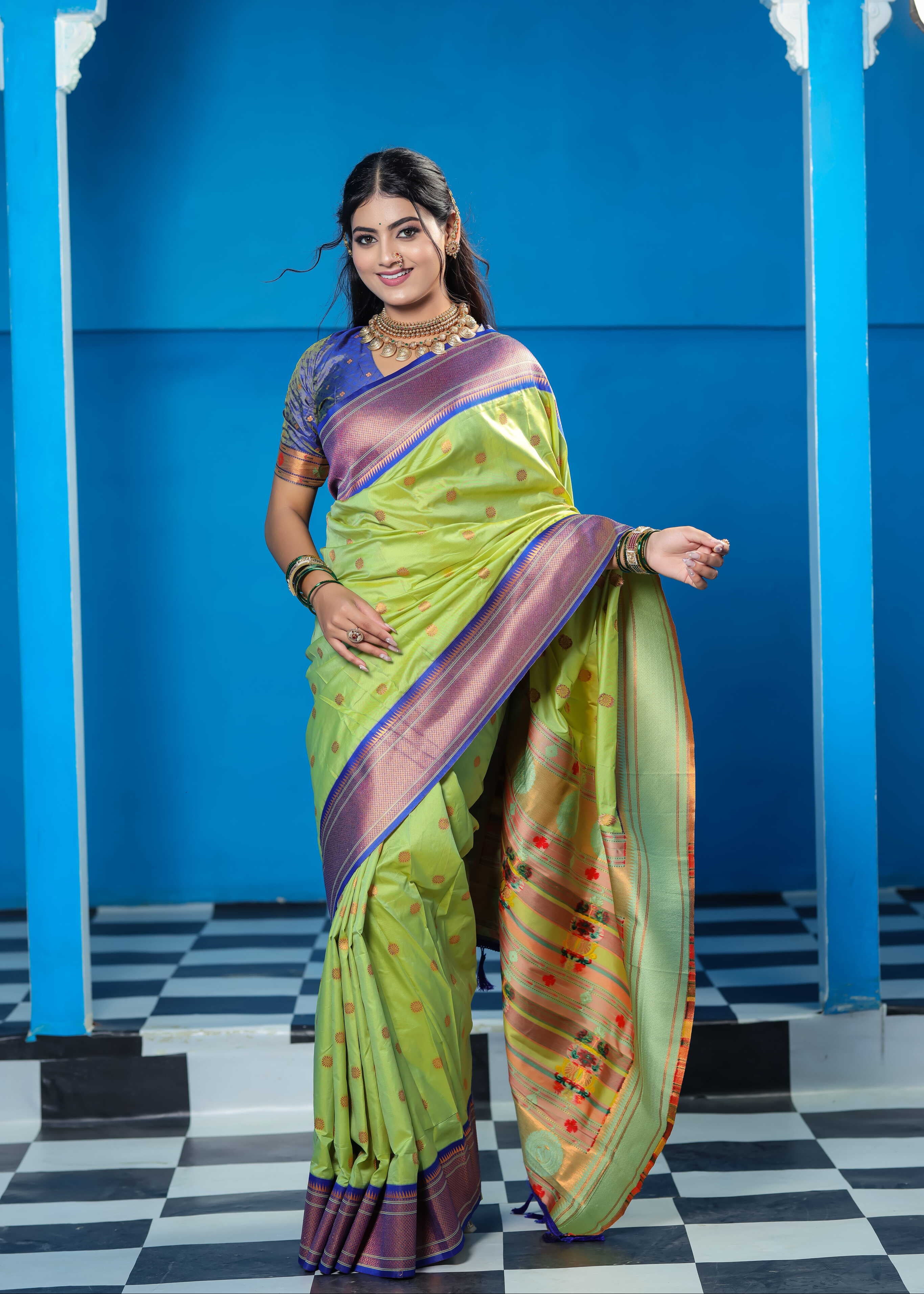 Parrot Green Silk Fabric Weaving Paithani Saree