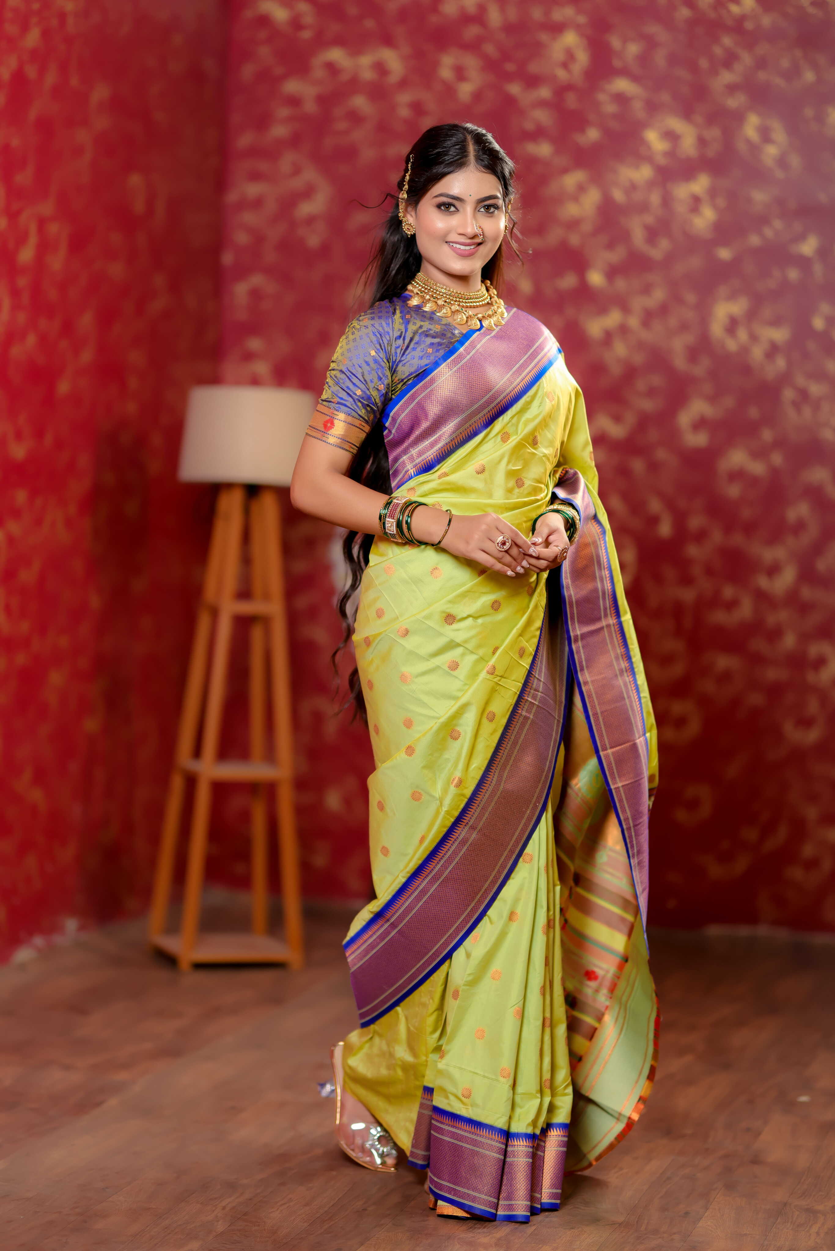Parrot Green Silk Fabric Weaving Paithani Saree