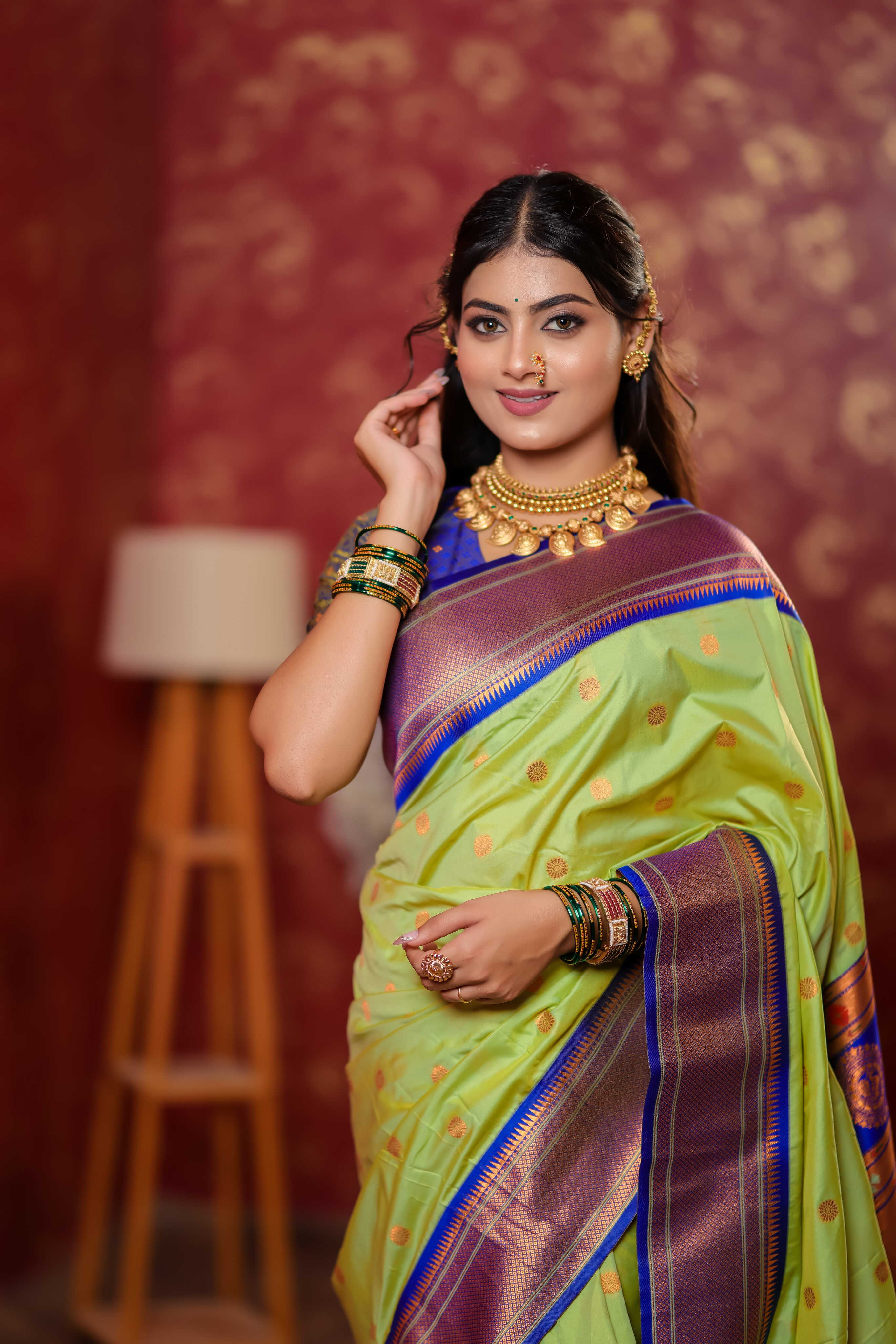 Parrot Green Silk Fabric Weaving Paithani Saree