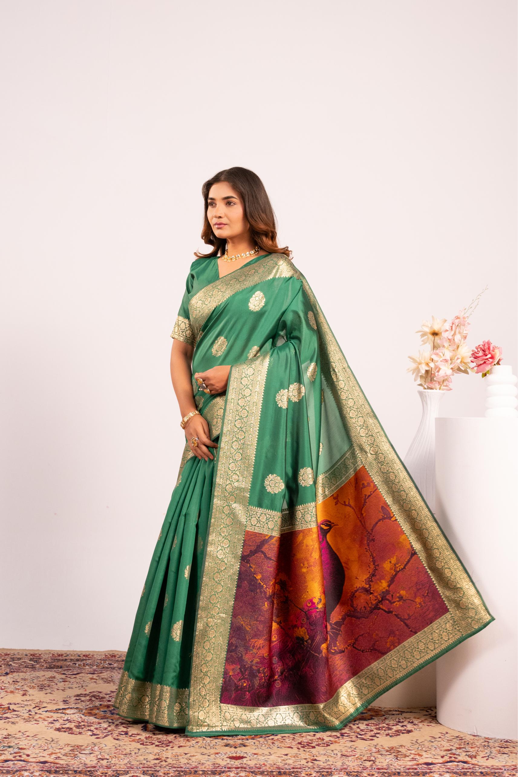 Parrot Green Soft Banarasi Silk Saree