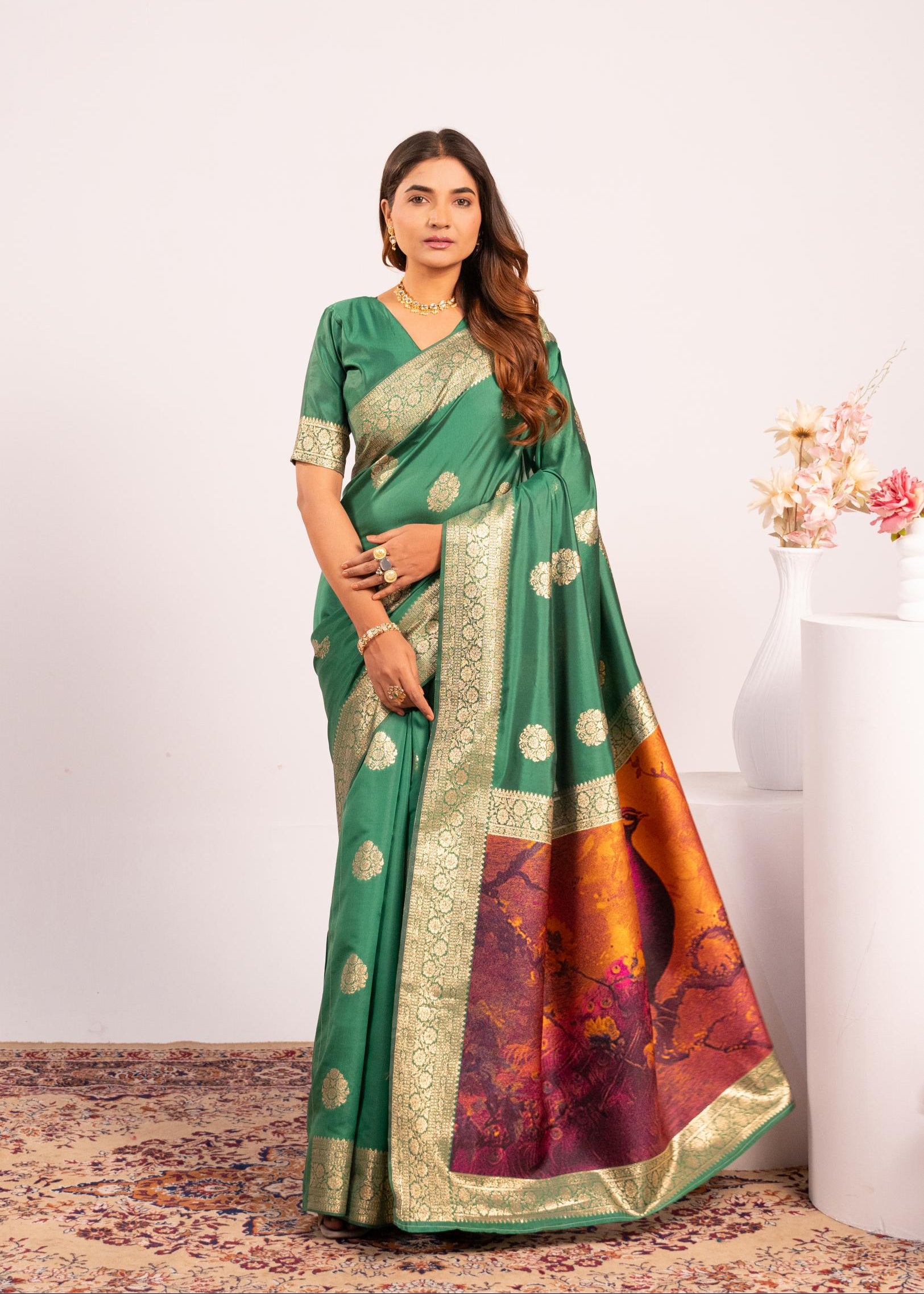 Parrot Green Soft Banarasi Silk Saree