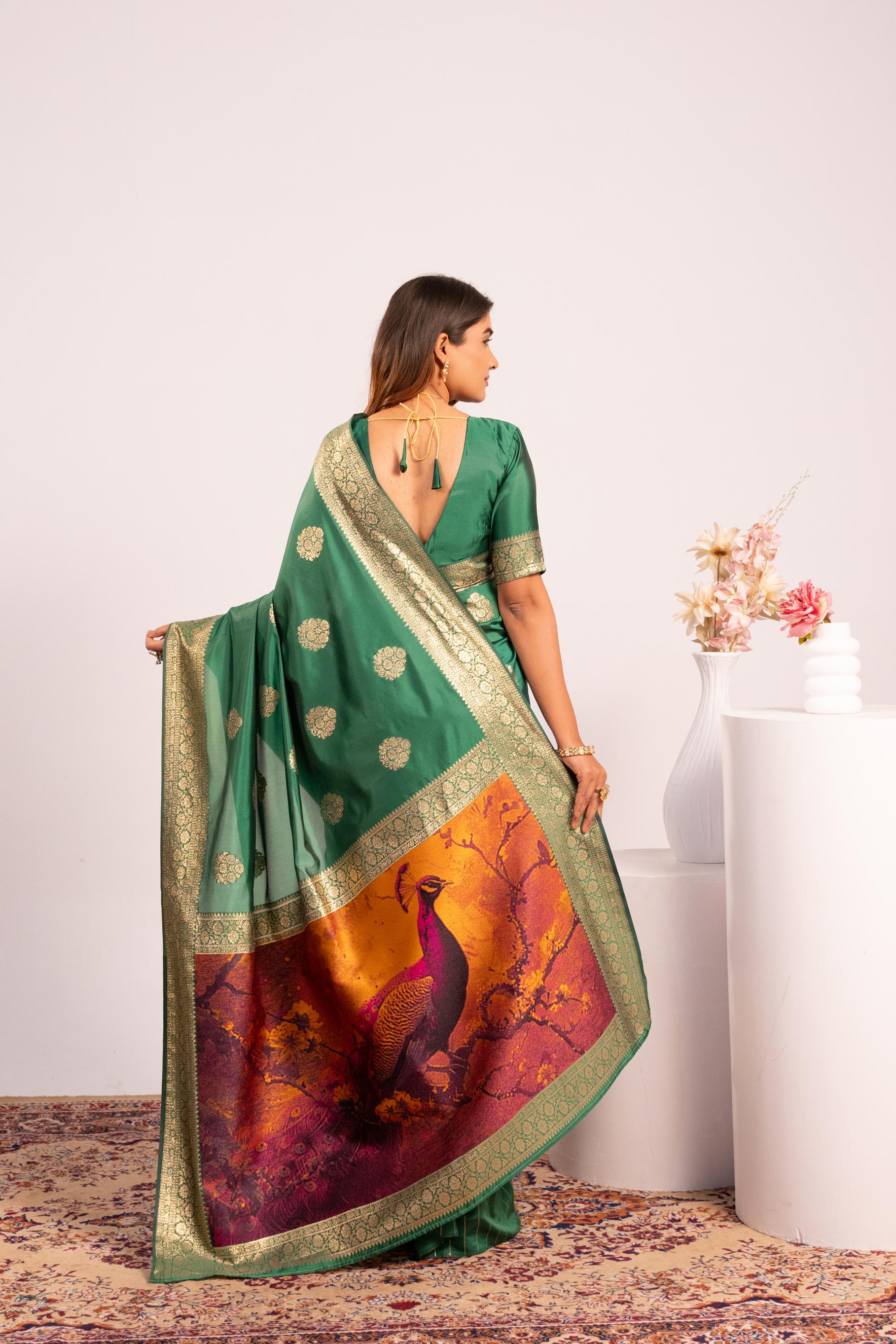Parrot Green Soft Banarasi Silk Saree