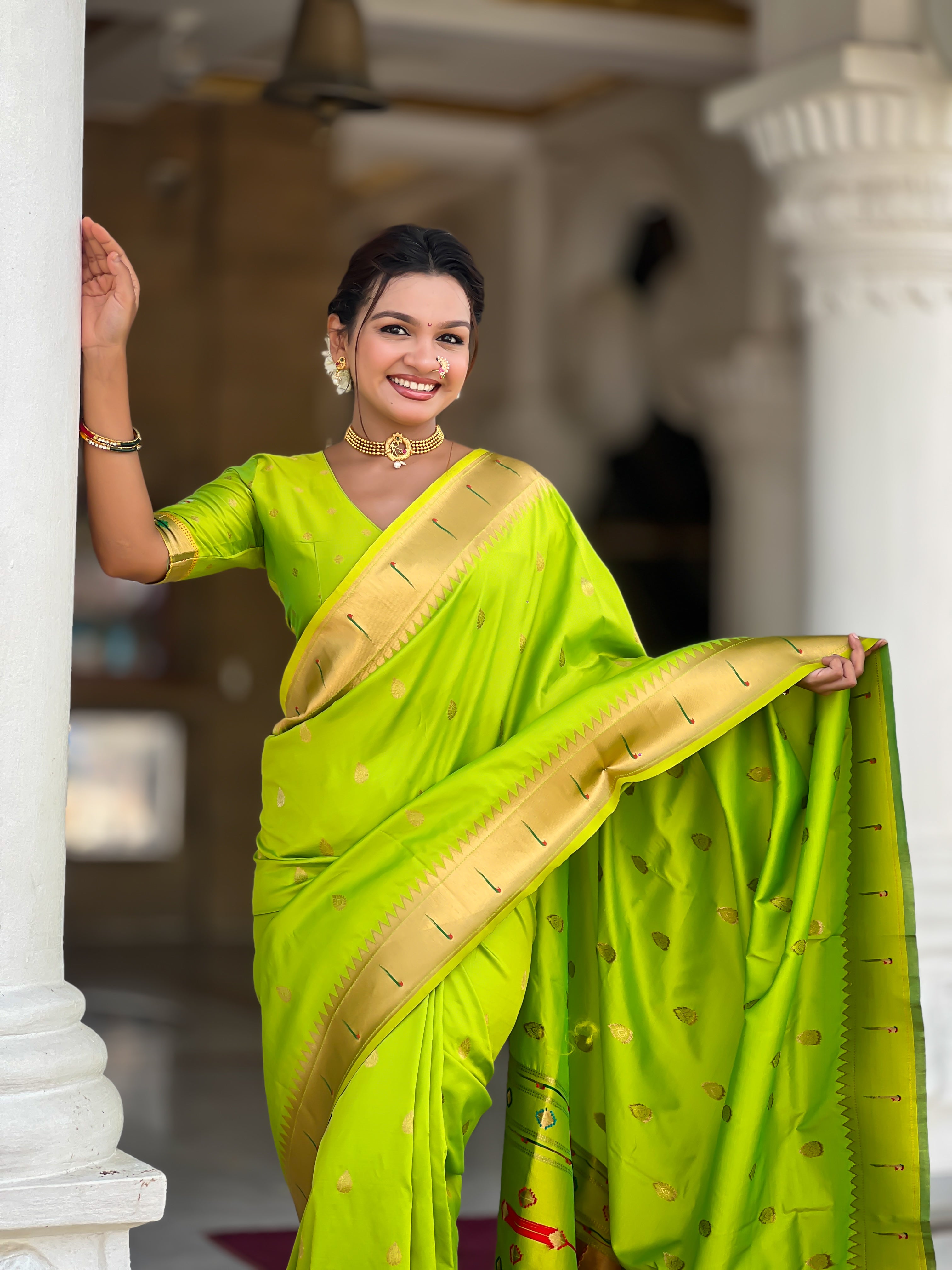 Parrot Green Soft Paithani Silk Saree