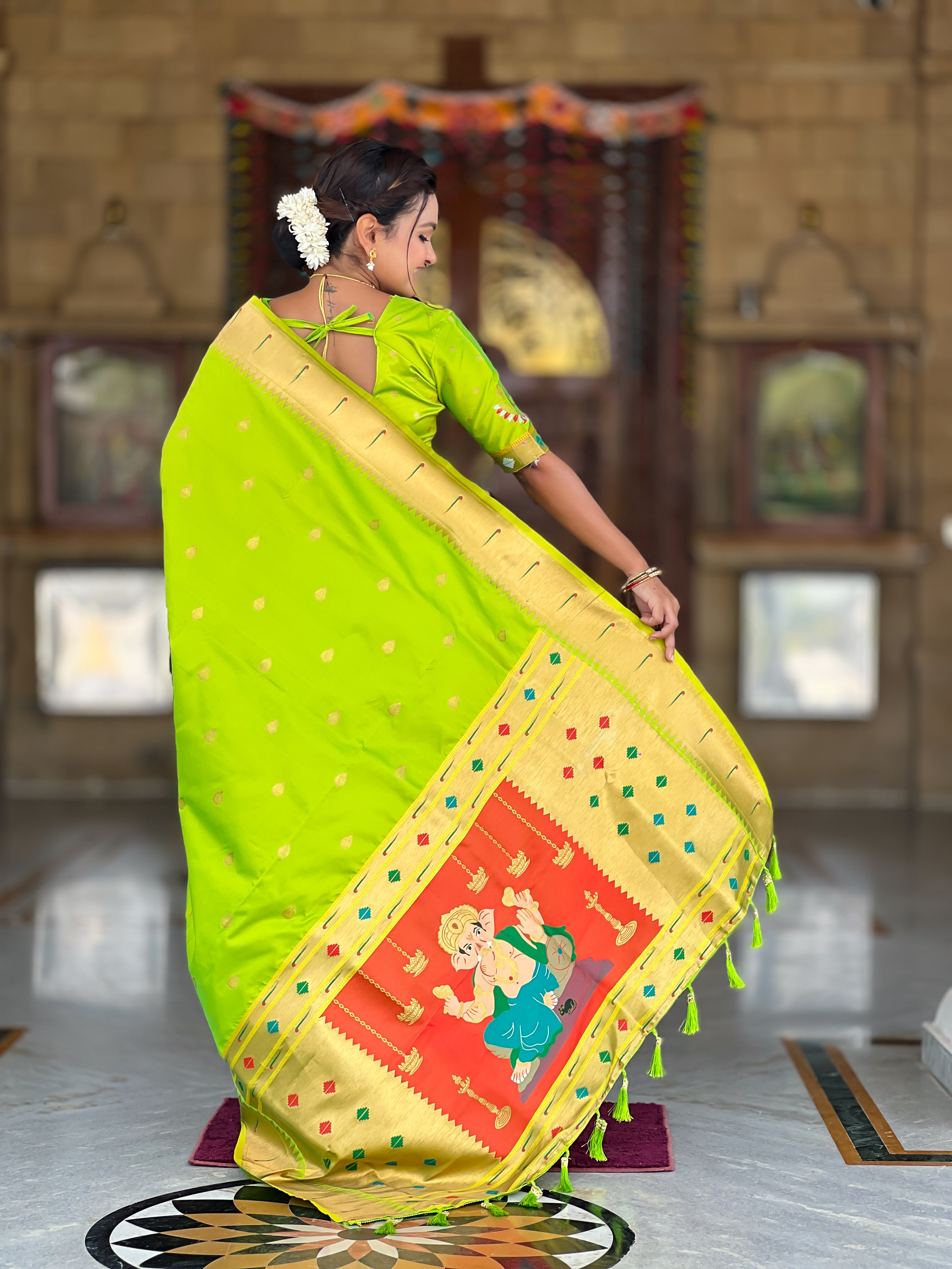 Parrot Green Soft Paithani Silk Saree