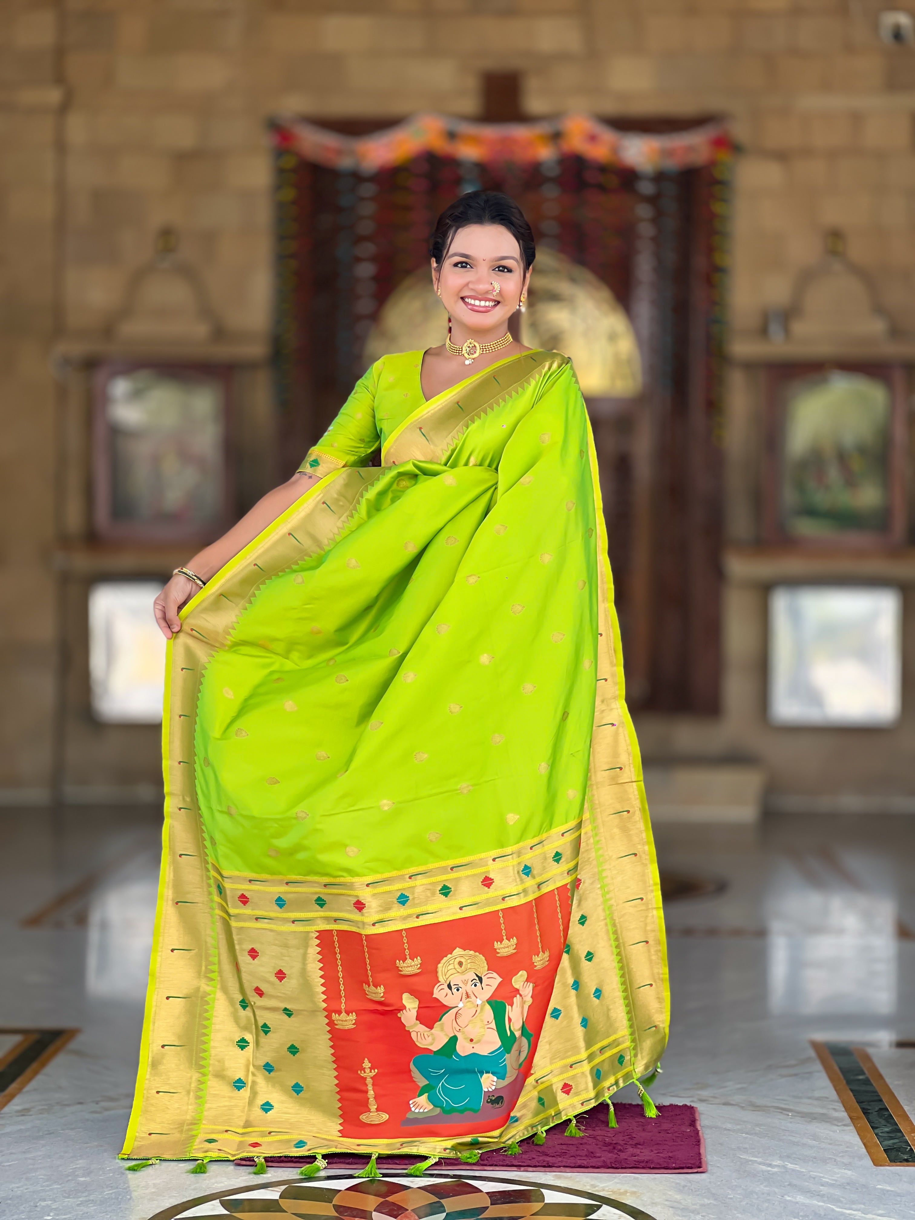 Parrot Green Soft Paithani Silk Saree