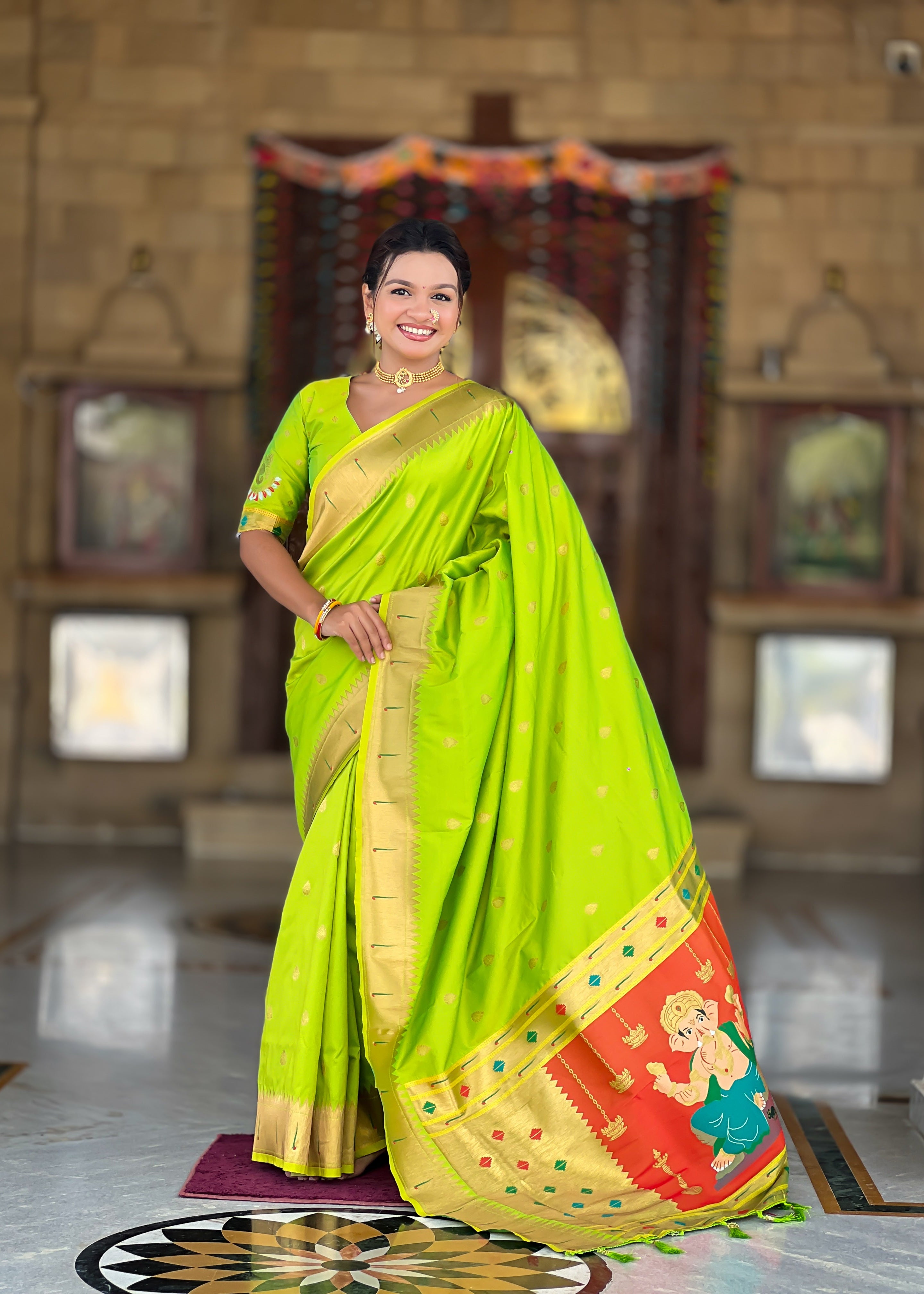 Parrot Green Soft Paithani Silk Saree