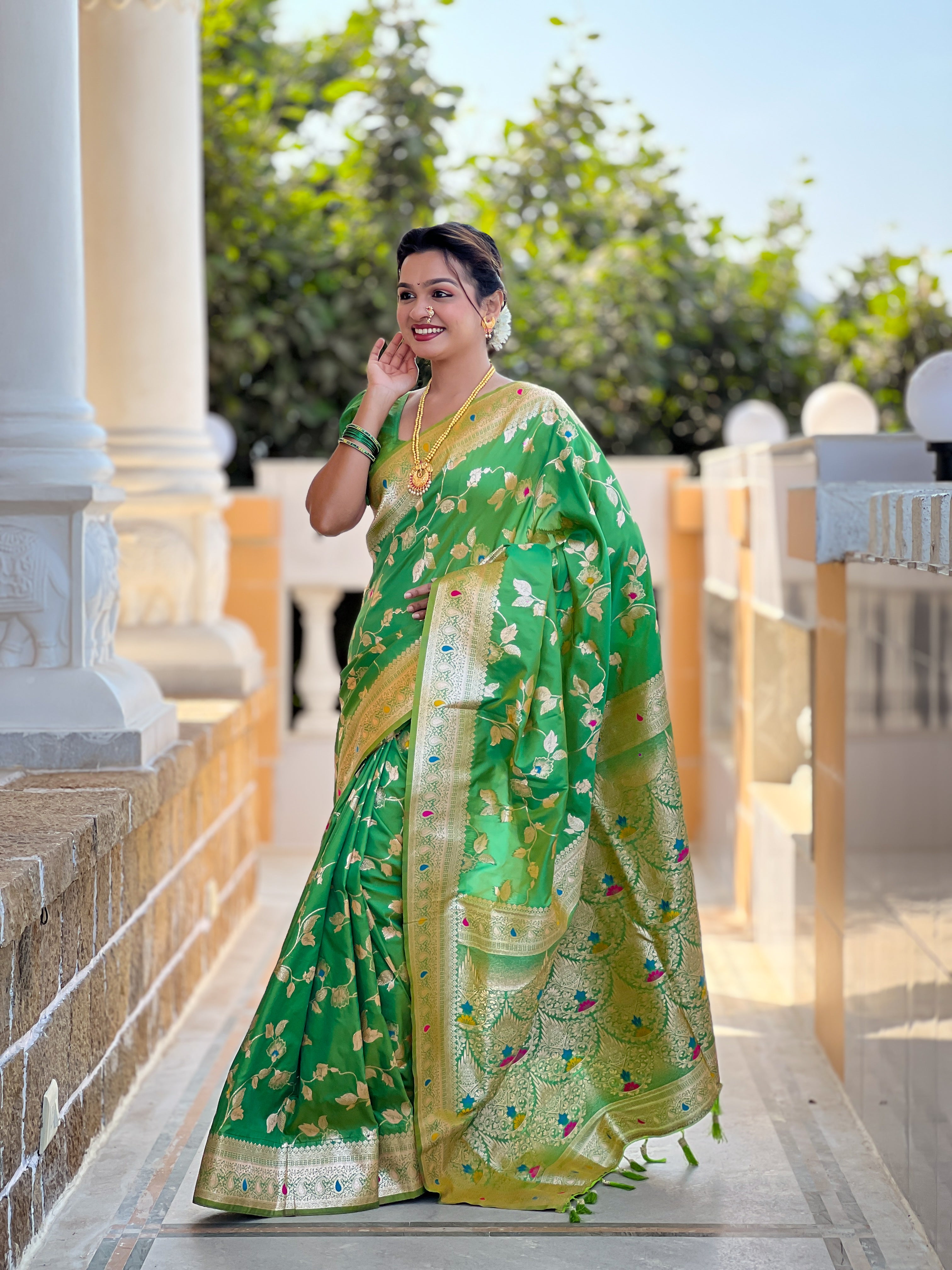 Parrot Green Wedding Wear Soft Banarasi Silk Saree