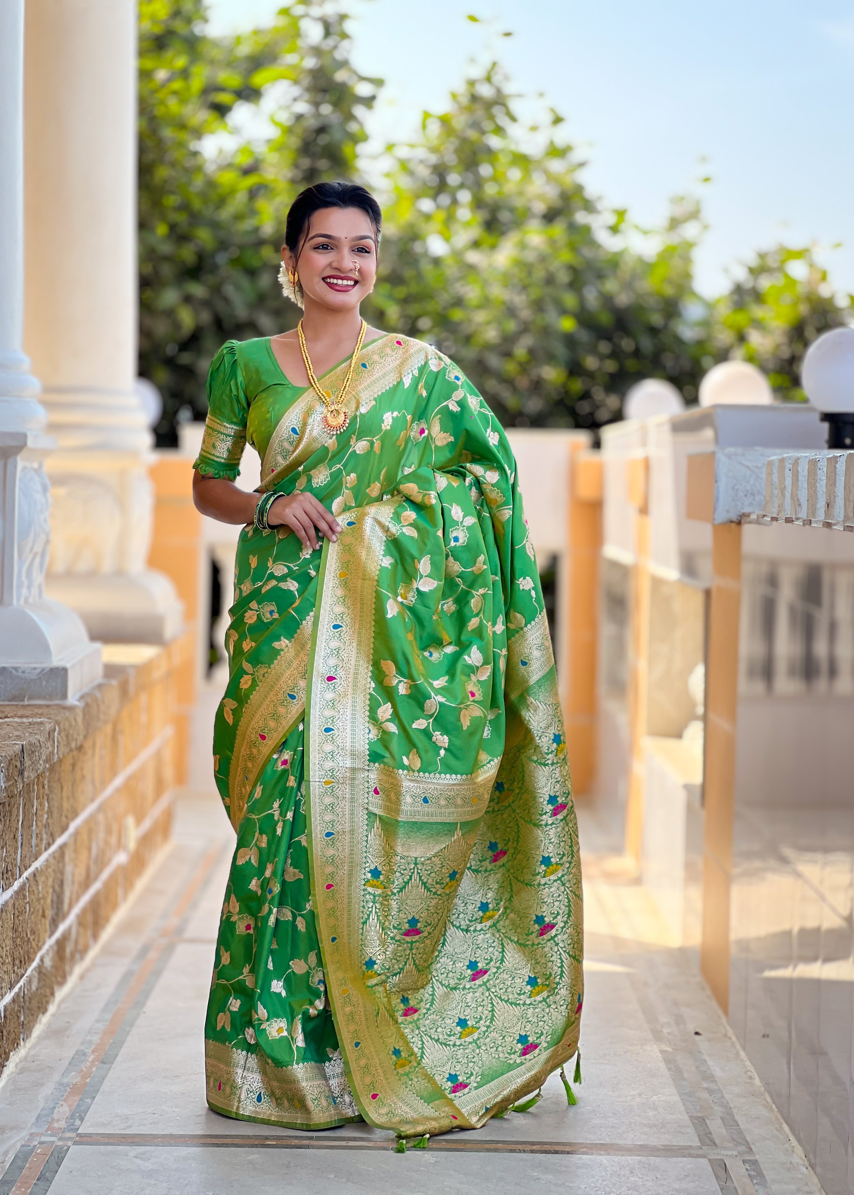 Parrot Green Wedding Wear Soft Banarasi Silk Saree
