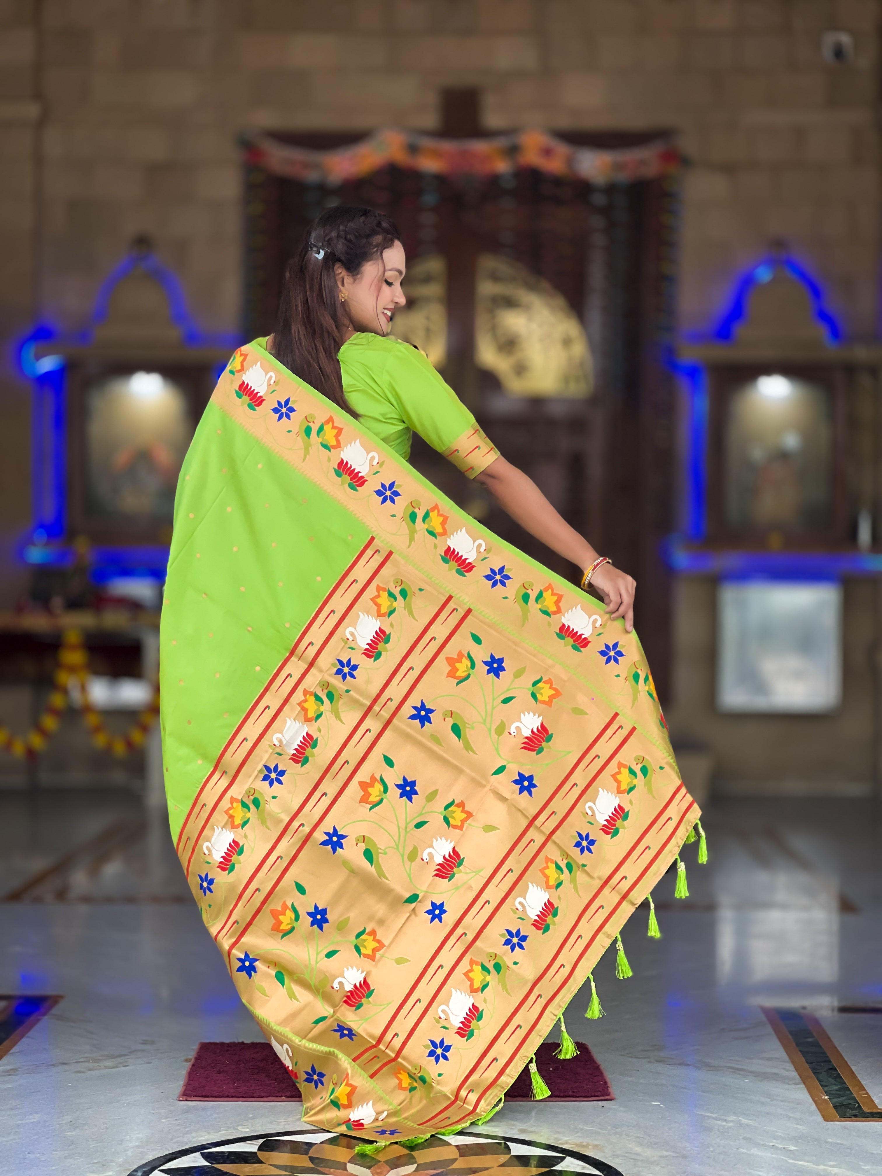 Parrot Green Wedding Wear Soft Paithani Silk Saree