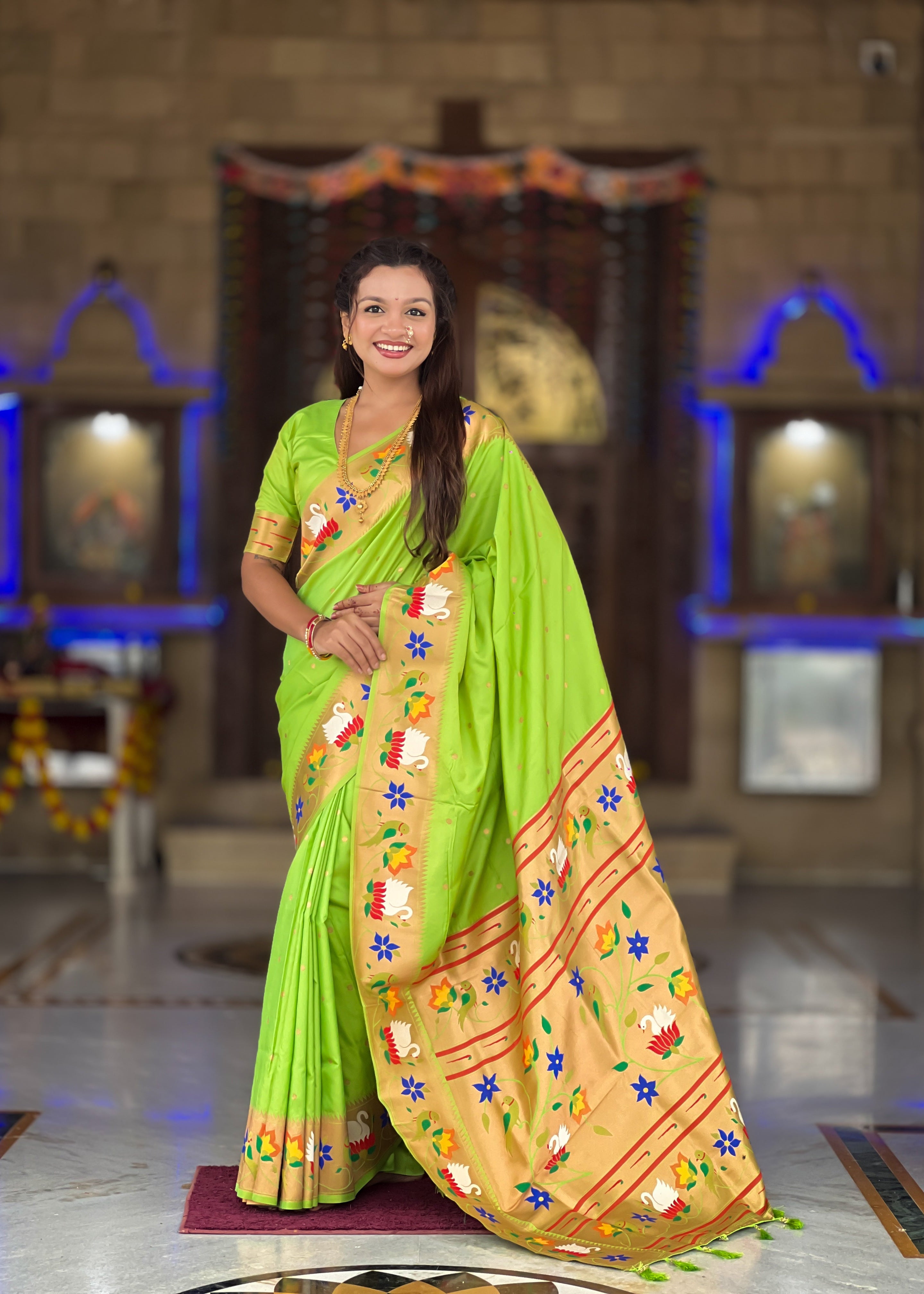 Parrot Green Wedding Wear Soft Paithani Silk Saree