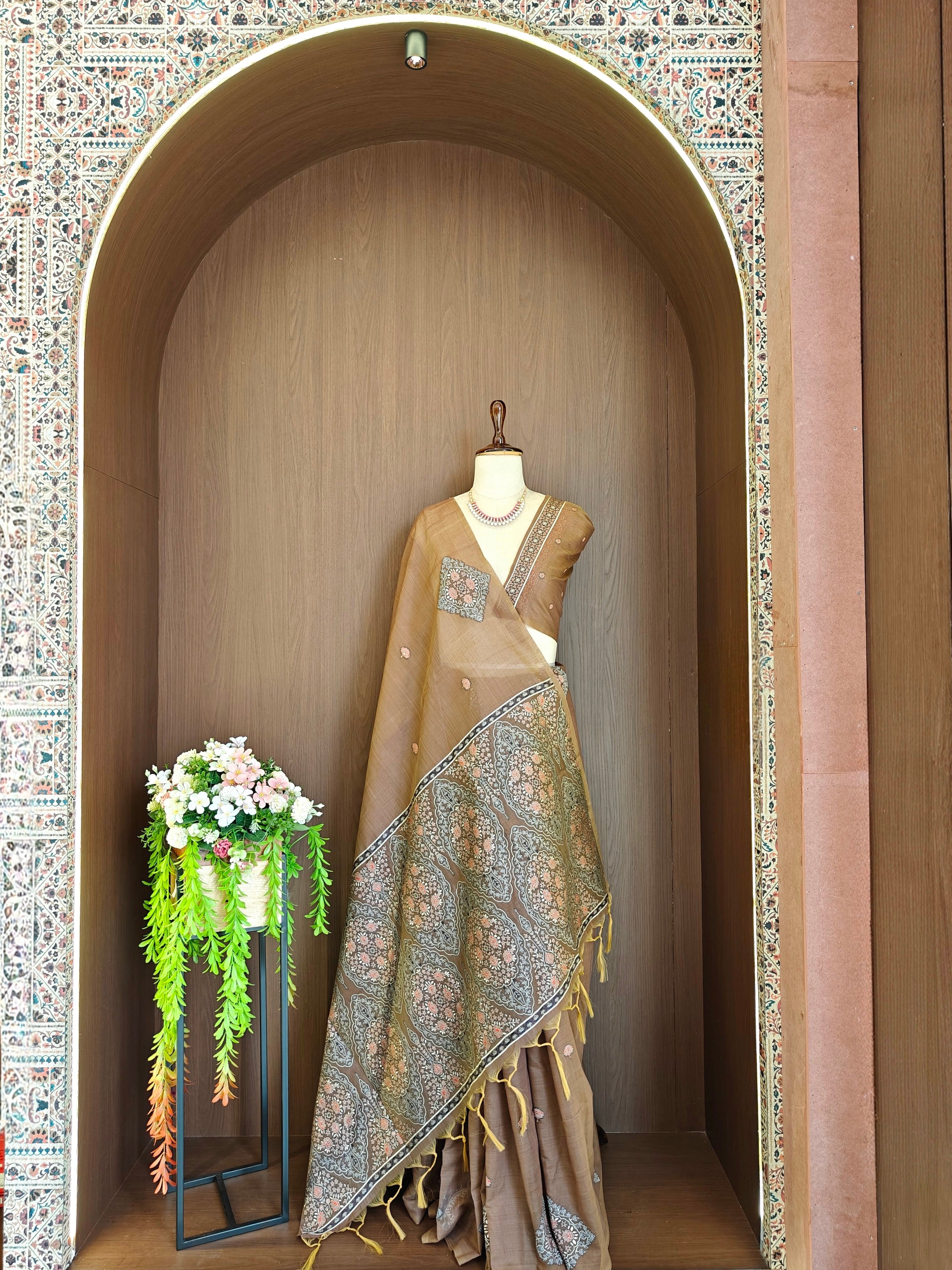 Pastel Brown Resham Woven Muga Cotton Saree